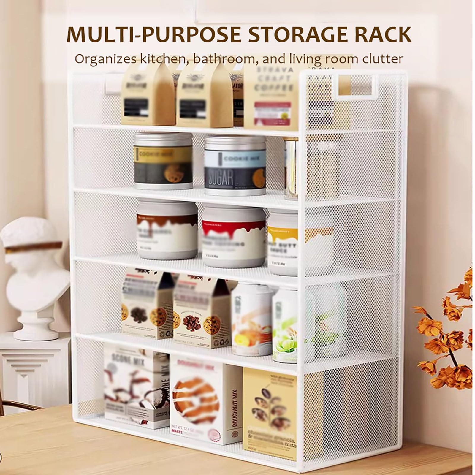 Organizador de escritorio de malla metálica de 4 niveles con asa, bandeja de archivos Slish Boohelf y oficina para el hogar y la escuela (30 cm de ancho x 16 cm de profundidad x 49,8 cm de alto