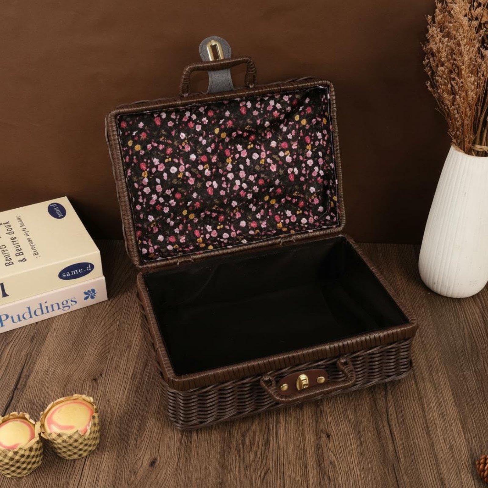 Enakshi® Vintage Design Suitcase With Handle Woven Suitcase Artisanal Appearance Vintage Design Storage Trunk for Bridesmaids, Women, Wedding, Photoshoot Prop 30-21-13cm Black Brown Floral-image-23