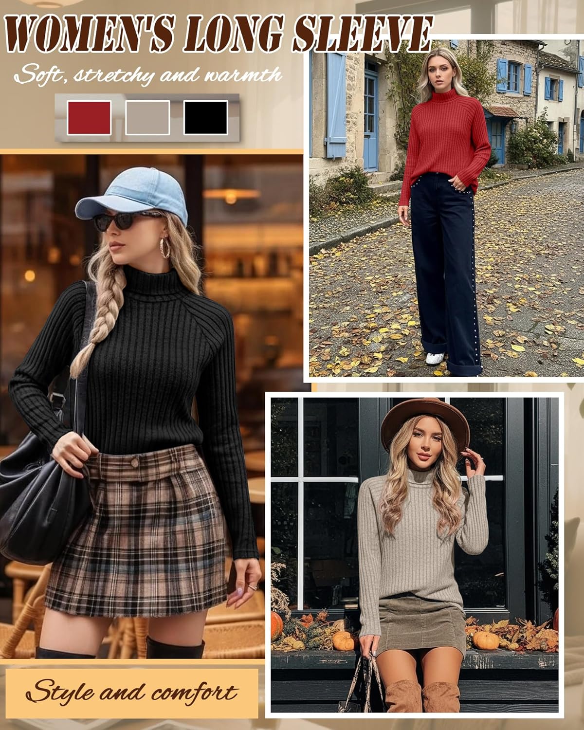 3 Pack Women's Long Sleeve Turtleneck Sweaters, Curved Hem Ribbed Tunic Tops Loose Fit Pullover Basic Layer - Image 3