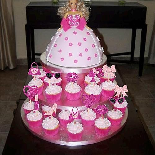 Miniatura 6 de 24 piezas de adornos de princesa para cupcakes con purpurina rosa para niñas, bolsos, lentes, lazo, lápiz labial, corbata de tacón alto,
