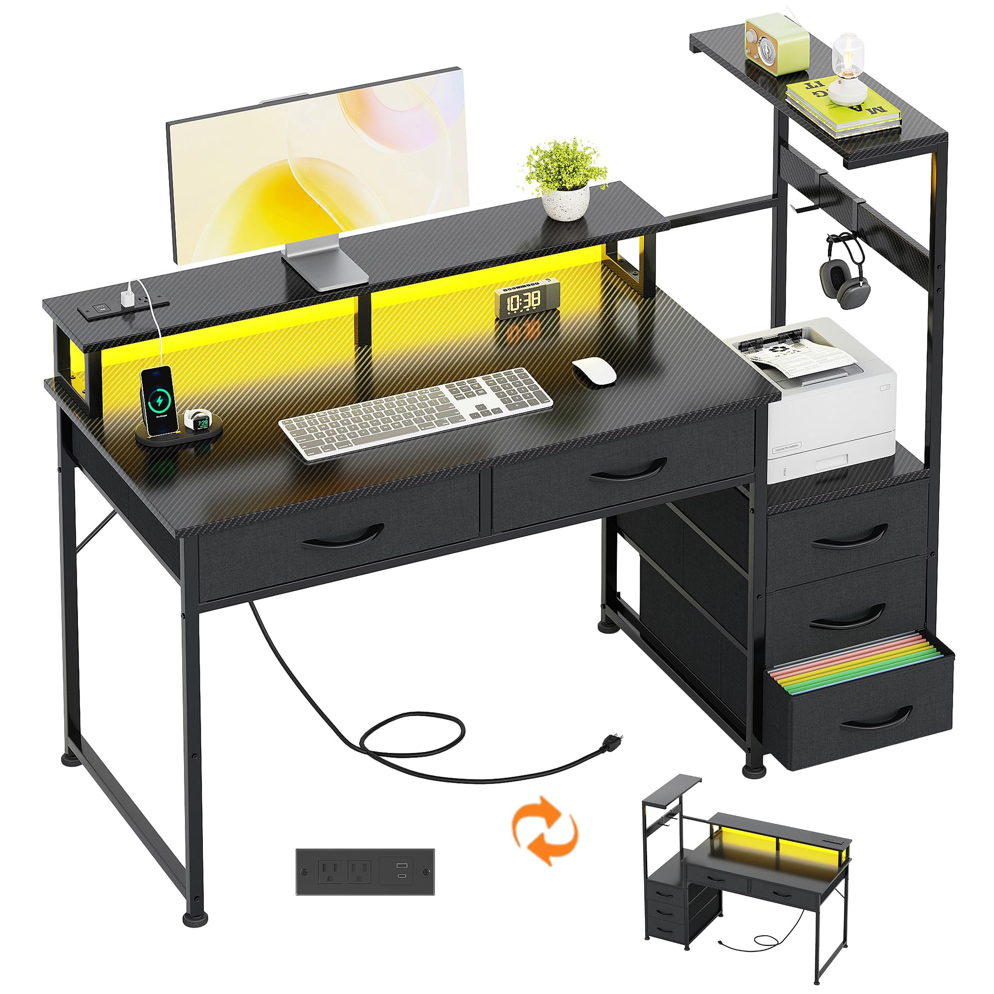 WEMANER 120cm Computer Desk with 5 Fabric Drawers, Reversible Home Office Desk with Printer Cabinet, Writing Desk with Monitor Stand & Power Outlets, Study Table with LED Light, Carbon Fiber Black