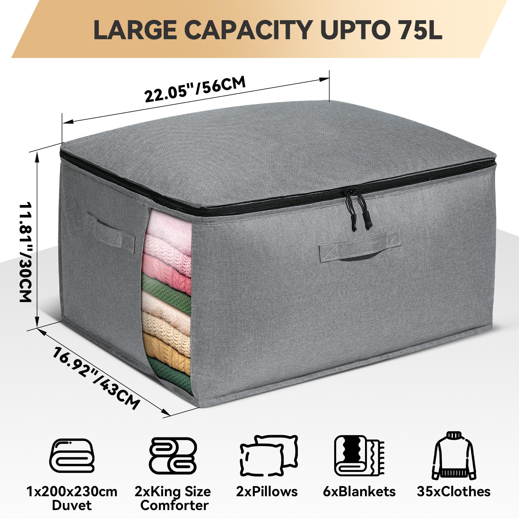 CBJHPZ Large Blanket Storage Bag, Thick Clothing Storage Bags for Clothes Sweater with Three Carrying Handles and Window, Linen Closet Organizer for Comforter Quilt Bedding, 70L, 3Pack