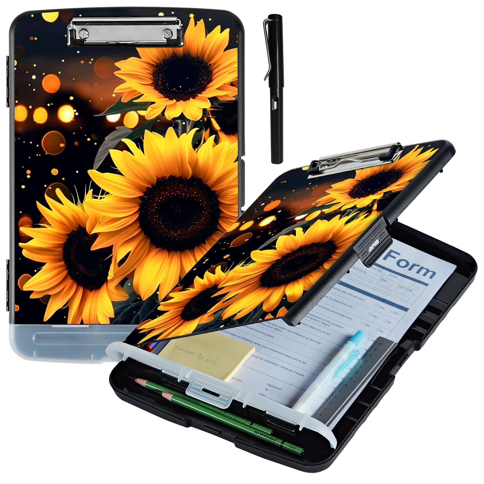 ACWDMKH Clipboard with Storage,Plastic Storage Clipboard with Low Profile Clip,Heavy Duty High Capacity Clip Boards with Pen Holder & Pencil,Teacher Must Haves,Office Supplies,Sunflower Glitter — image 1