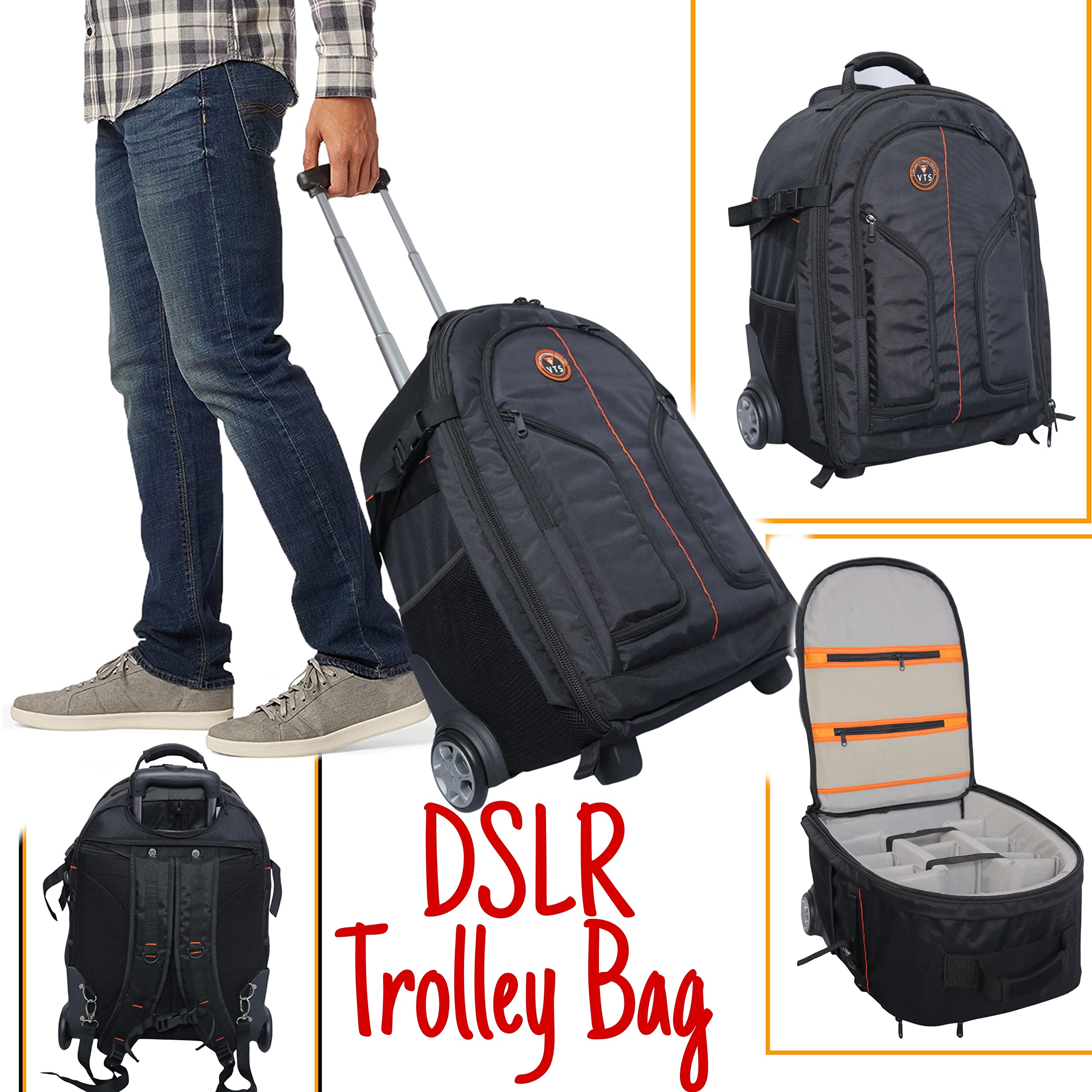 VTS DSLR Camera Bag Medium Size Waterproof/Heavy Duty Rolling Camera Backpack (Black) (Roller Bag) 2