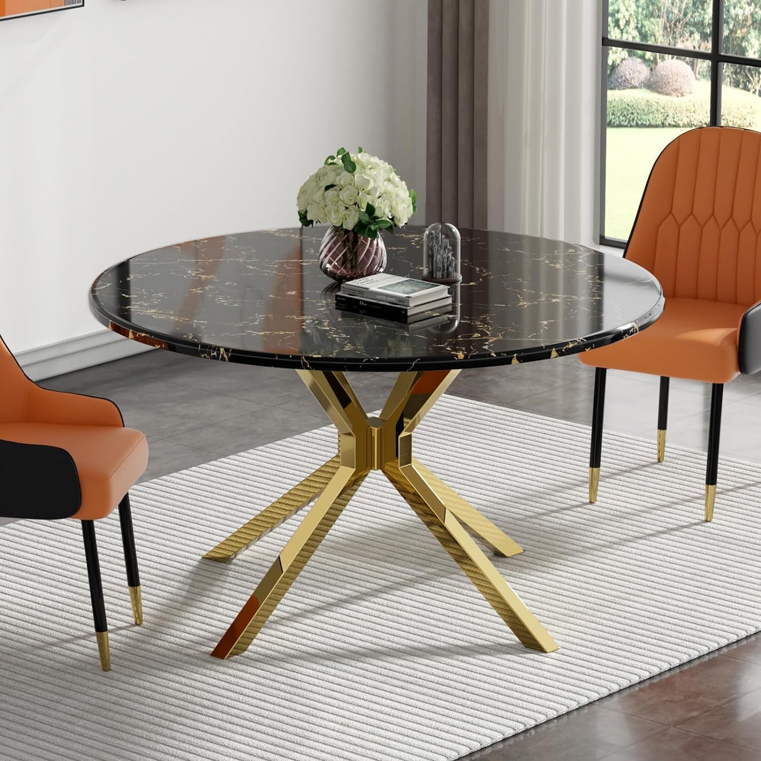 47" Black Marble Round Dining Table, Modern Round Kitchen