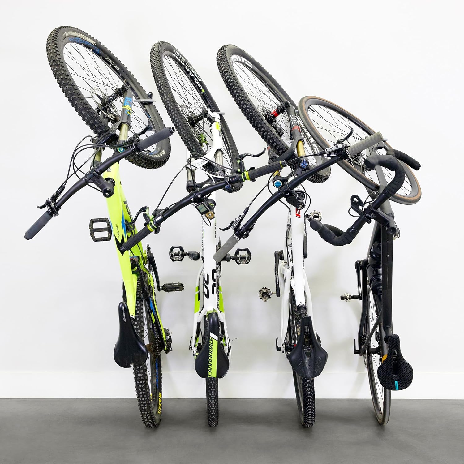 WheelRest Bike Hook, No-Lift Garage Wall Mount, Vertical Bicycle Storage Rack, Adjustable Bike Hanger for MTB, Road, eBike, 4 Pack