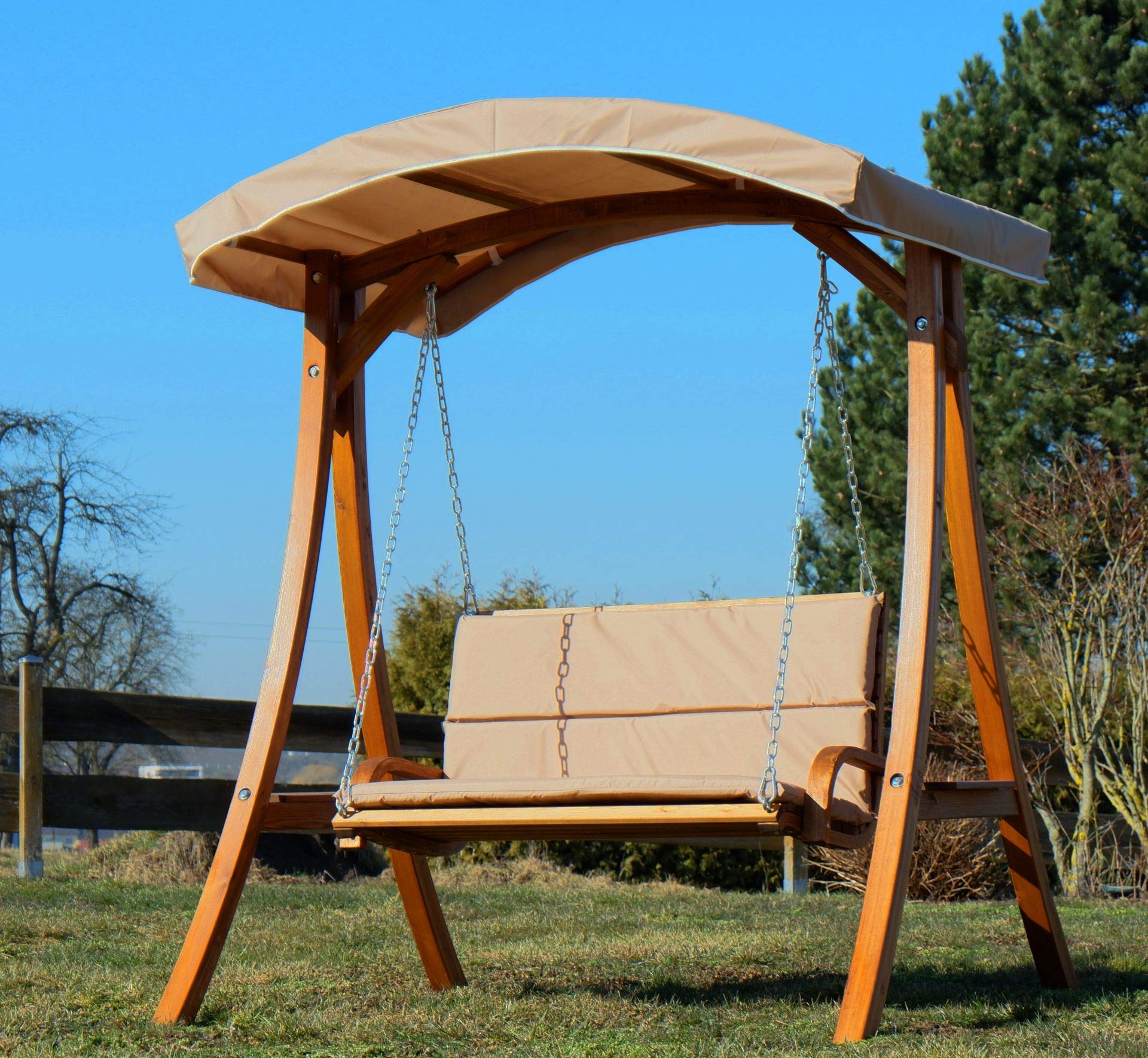 ALEOS. Design Hollywoodschaukel Gartenschaukel Schaukelbank Rio aus Holz Lärche mit Dach und Polsterauflage braun