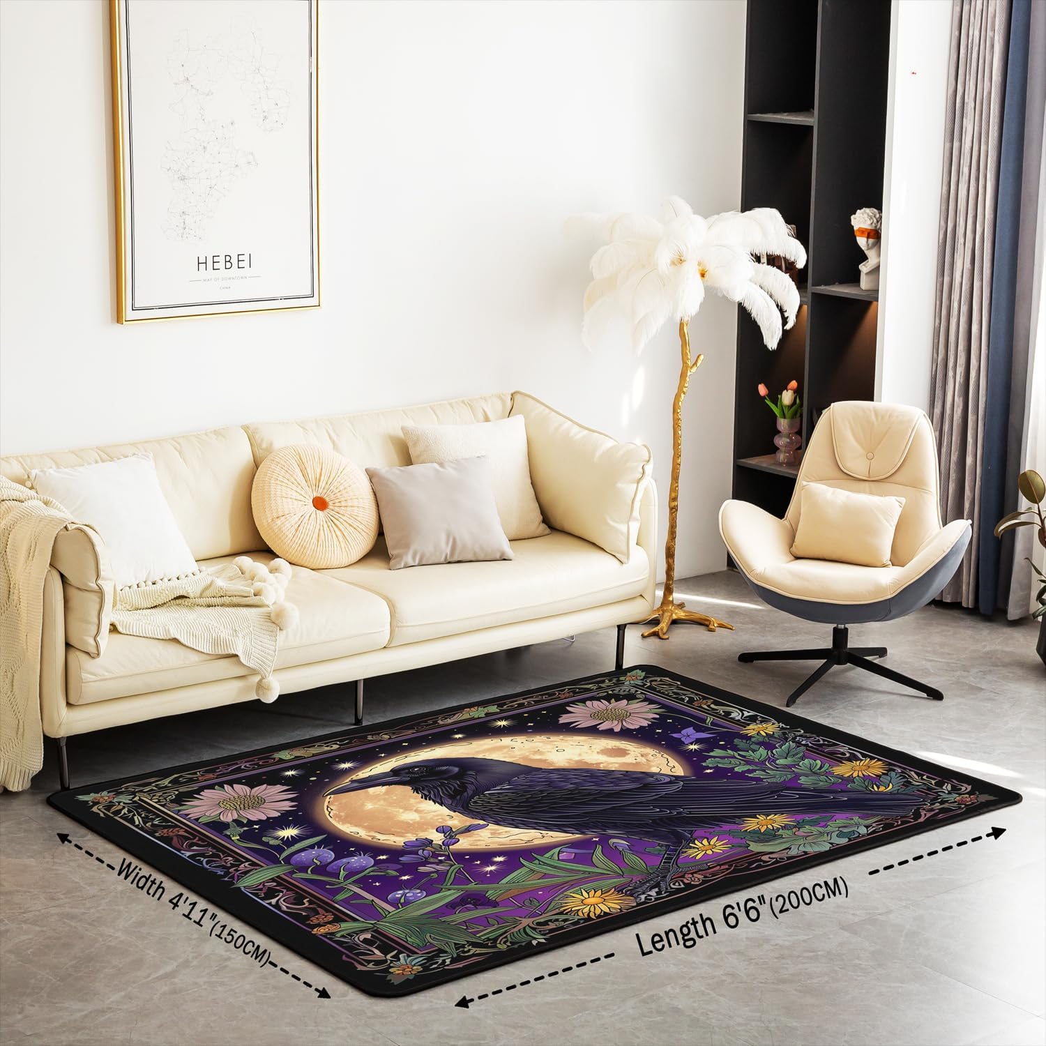 Erosebridal Halloween Crow Area Rug 3X5 Kids Teens Black Raven Living Room Rugs Moon Starry Sky Decorative Carpet for Living Room Decor Boho Exotic Flowers Indoor Floor Mat