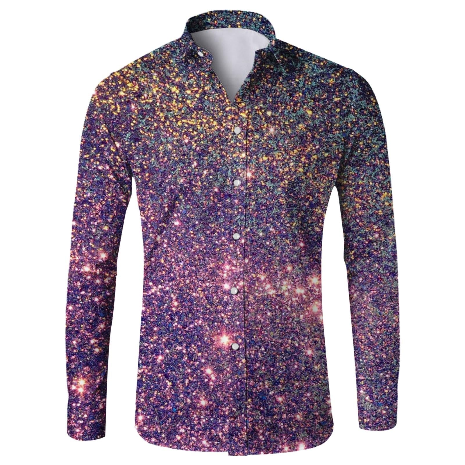 Mens Sequin Printed Shirt Long Sleeve Glitter SparkIe Shirt for Carnival Festival Party Nightclub Fancy Dress Shiny Disco Costume Tops Button Down for Men Stage Performance Clothing Light Purple
