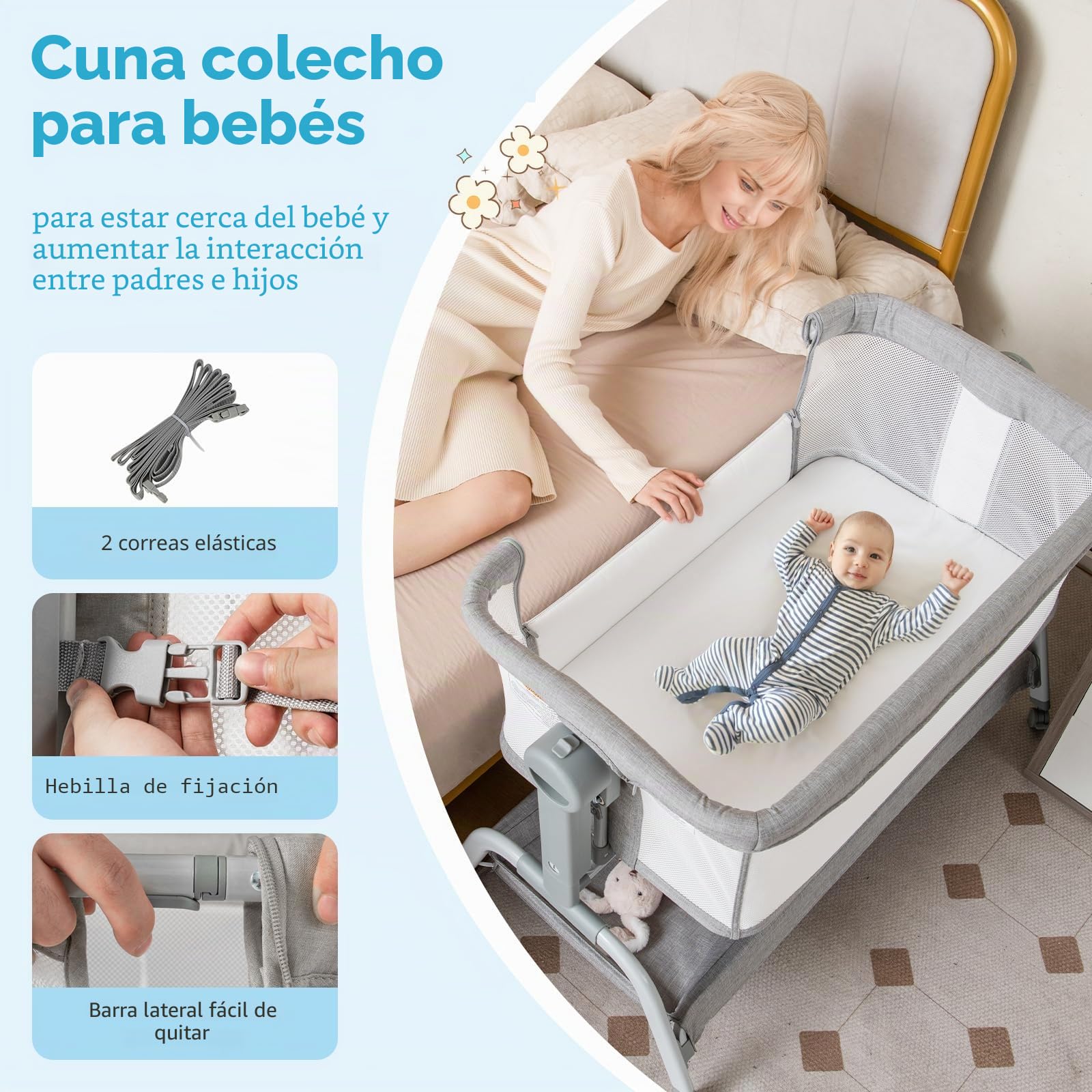RELAX4LIFE 3 en 1 Cuna de bebé lado a la cama, cuna de camping con colchón, correa de fijación y mosquitera, altura ajustable 6 posiciones, bolsa de transporte, para niños 0-6 meses (gris)