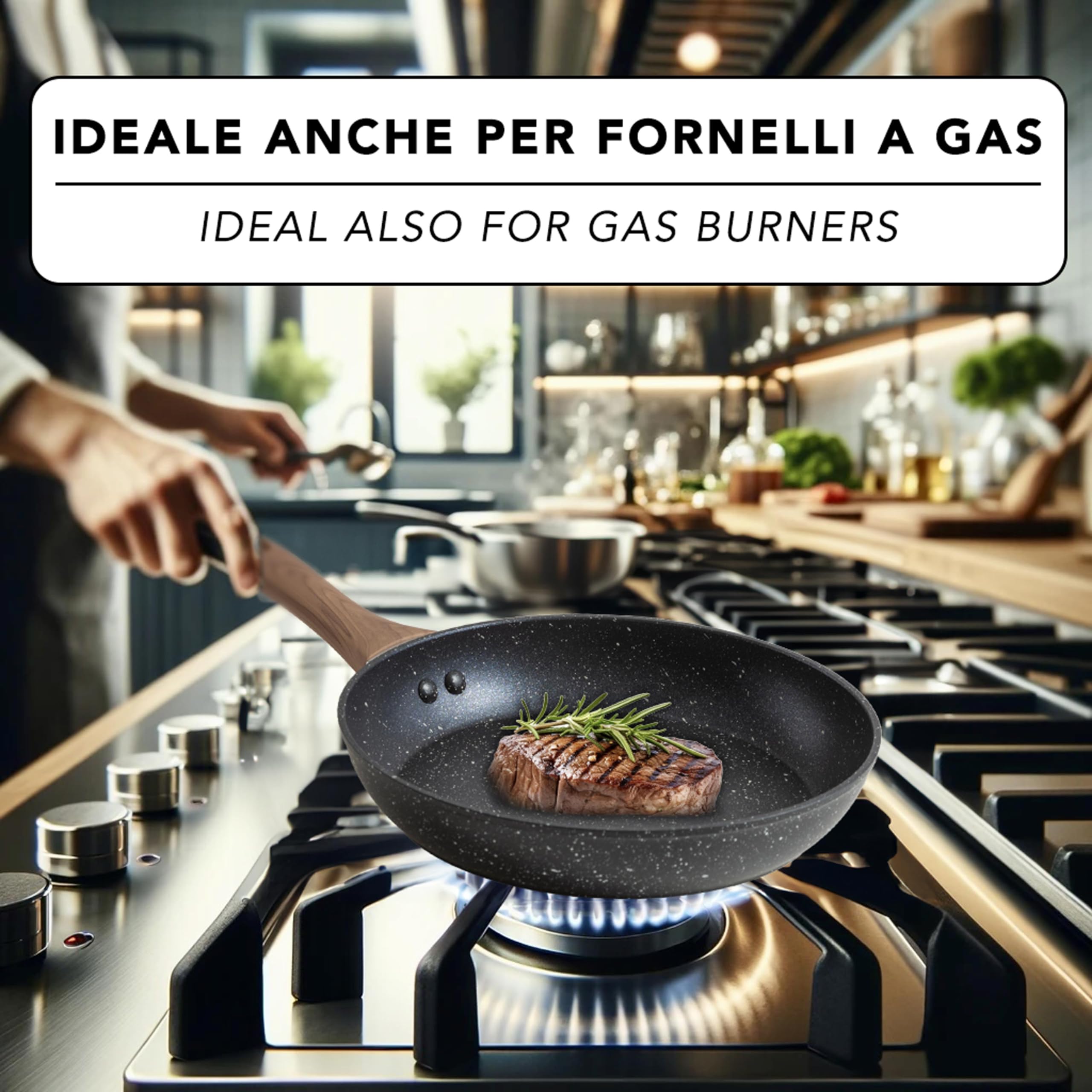 Padella Antiaderente 22x22cm Per Induzione E Gas - Con Manico In Legno Per Carne E Pesce
