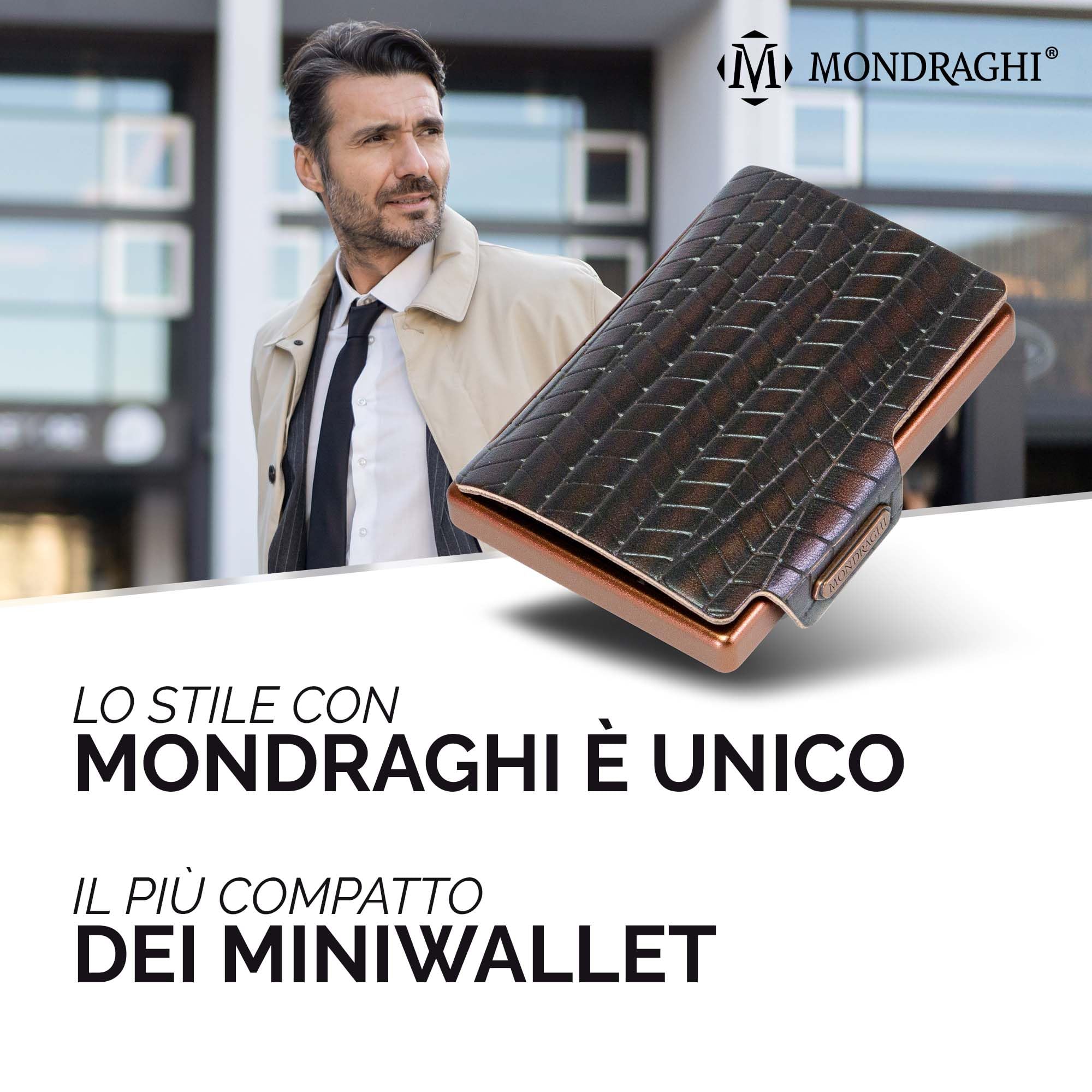 MONDRAGHI® - Mini Portafoglio Ultraleggero, Slim - Porta Carte di Credito Tessere Monete e Tag - Vera Pelle Piccolo e Tascabile - EVOLUTION (Brown)