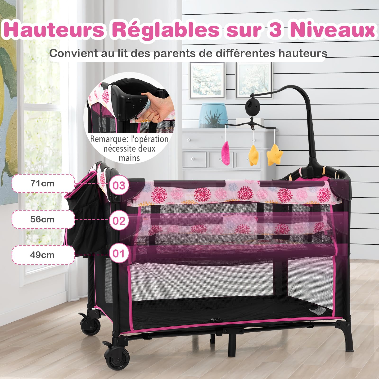 DREAMADE Lit Parapluie Bébé 4 en 1 107x72x119 cm Cododo avec Table à Lange & Matelas Noir+Rose