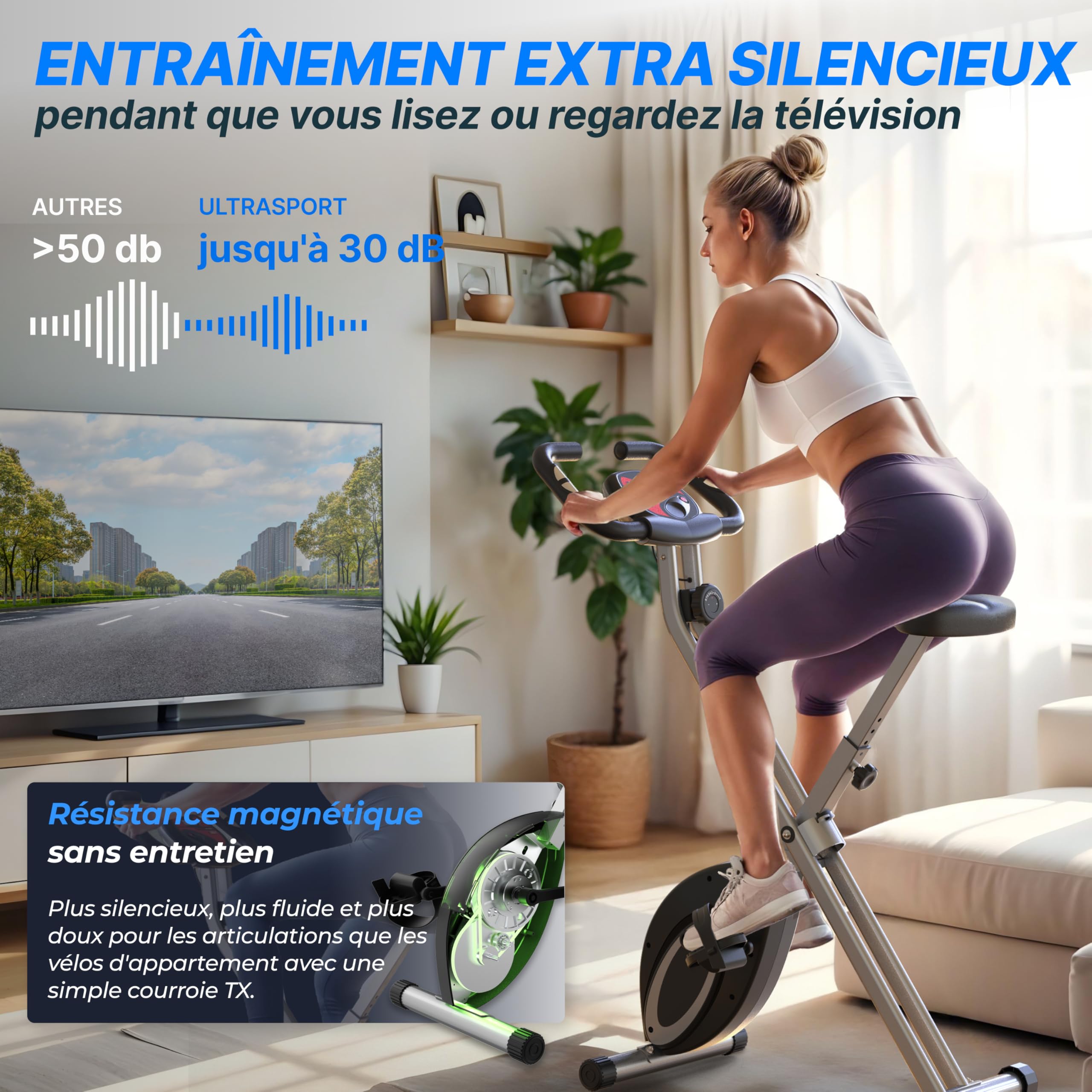 Ultrasport F-Bike Vélo d’Appartement Pliable I Extra Silencieux jusqu'à 130 kg avec Selle Confort, Velo d Appartement Pliable