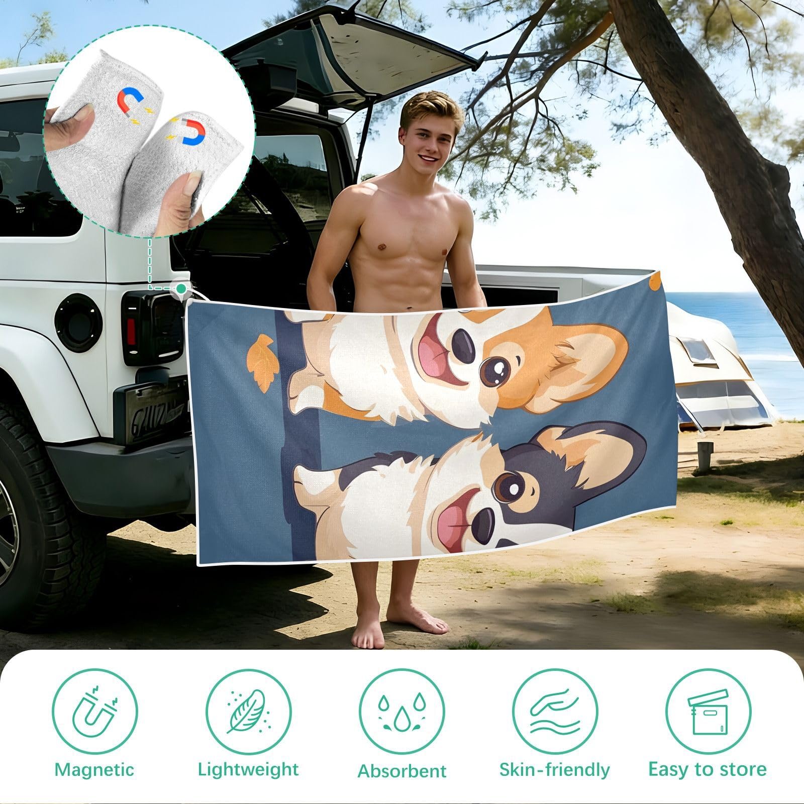Toallas de playa grandes con bolsas de malla para adultos, toalla de baño de perros Corgi con cierre magnético, toalla absorbente de secado rápido para piscina, camping y viajes, 190 x 80 cm