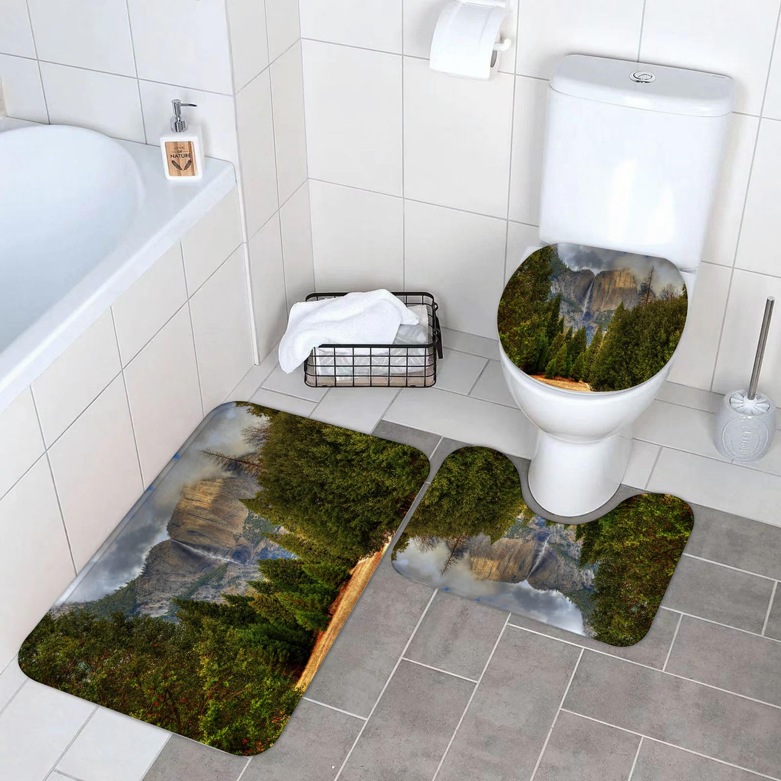 Set di 3 tappetini da Bagno, Lavabili in Lavatrice e Antiscivolo, in Morbida Fibra Superfine, con Motivi di Yosemite, cascate di Yosemite, Foresta sempreverde e Paesaggio Autunnale