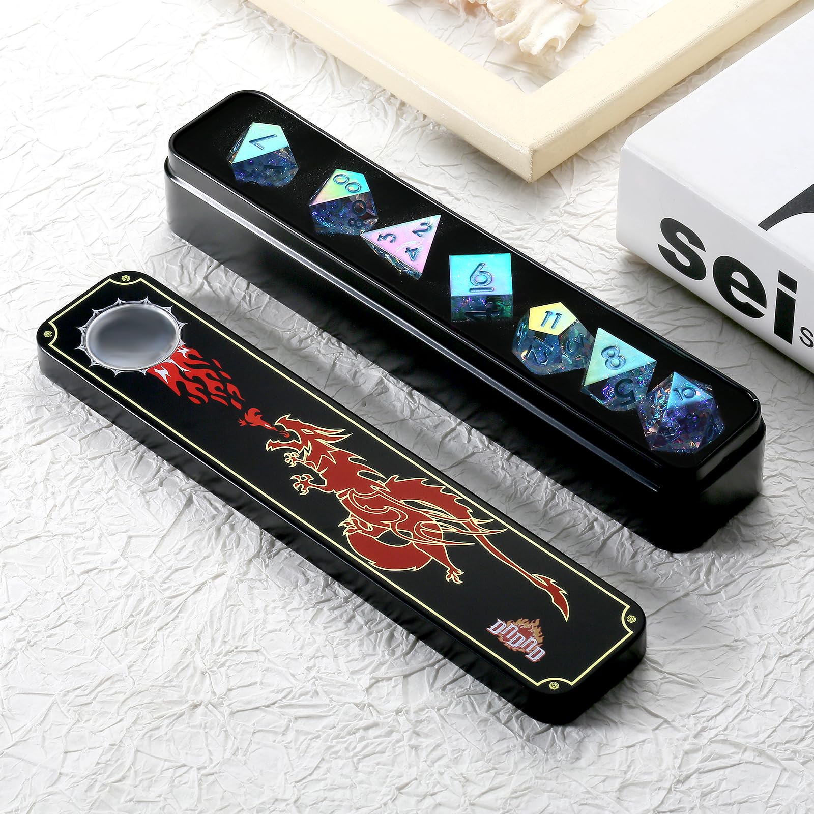 DNDND - Dadi affilati in resina con placcatura iridescente, fatti a mano, con splendida custodia regalo, per giochi da tavolo come Dungeons e Dragon (placcatura iridescente trasparente)