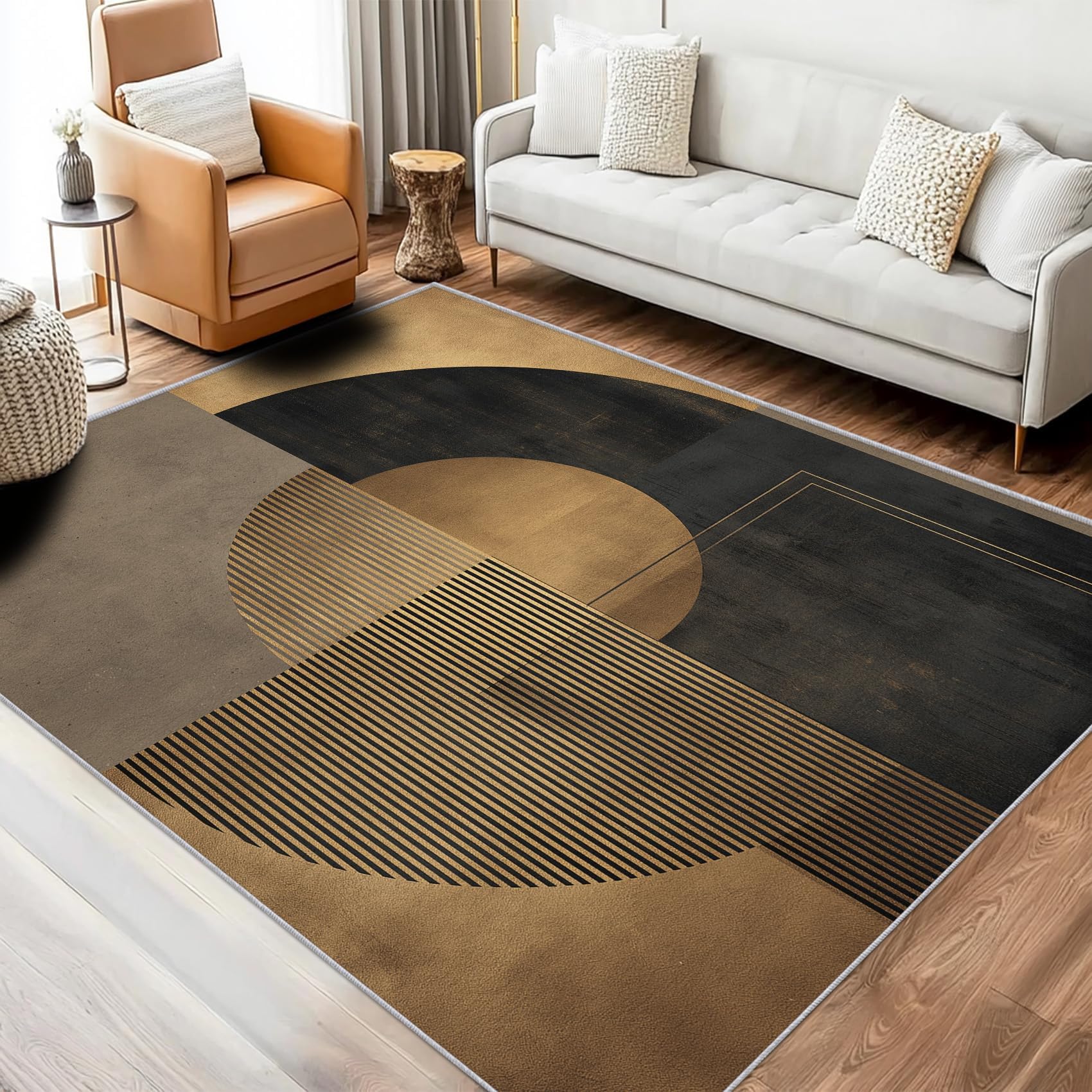 Tapis de salon noir et or au design abstrait vintage, tissage haut de gamme