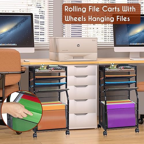 Miniatura 2 de Carro de archivos rodante de 5 niveles con carpetas de archivos colgantes, organizador de archivos de escritorio móvil en ruedas con cerradura,