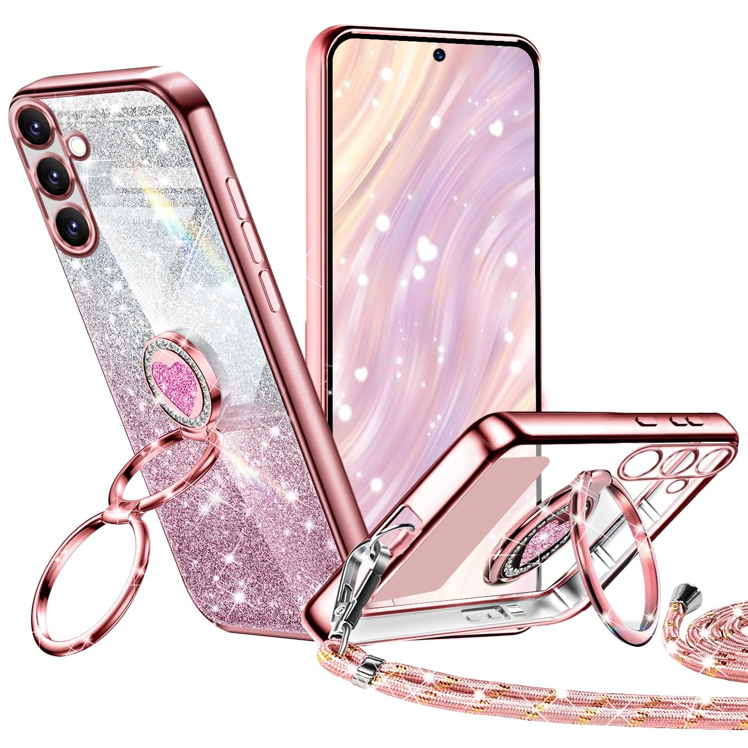 Tawarror Błyszczące etui ze sznurkiem do Samsung Galaxy A56 5G, Galvanisée silikonowe etui z sercem miłości, podwójny uchwyt na pierścień i regulowany naszyjnik pasek na szyję, różowe złoto