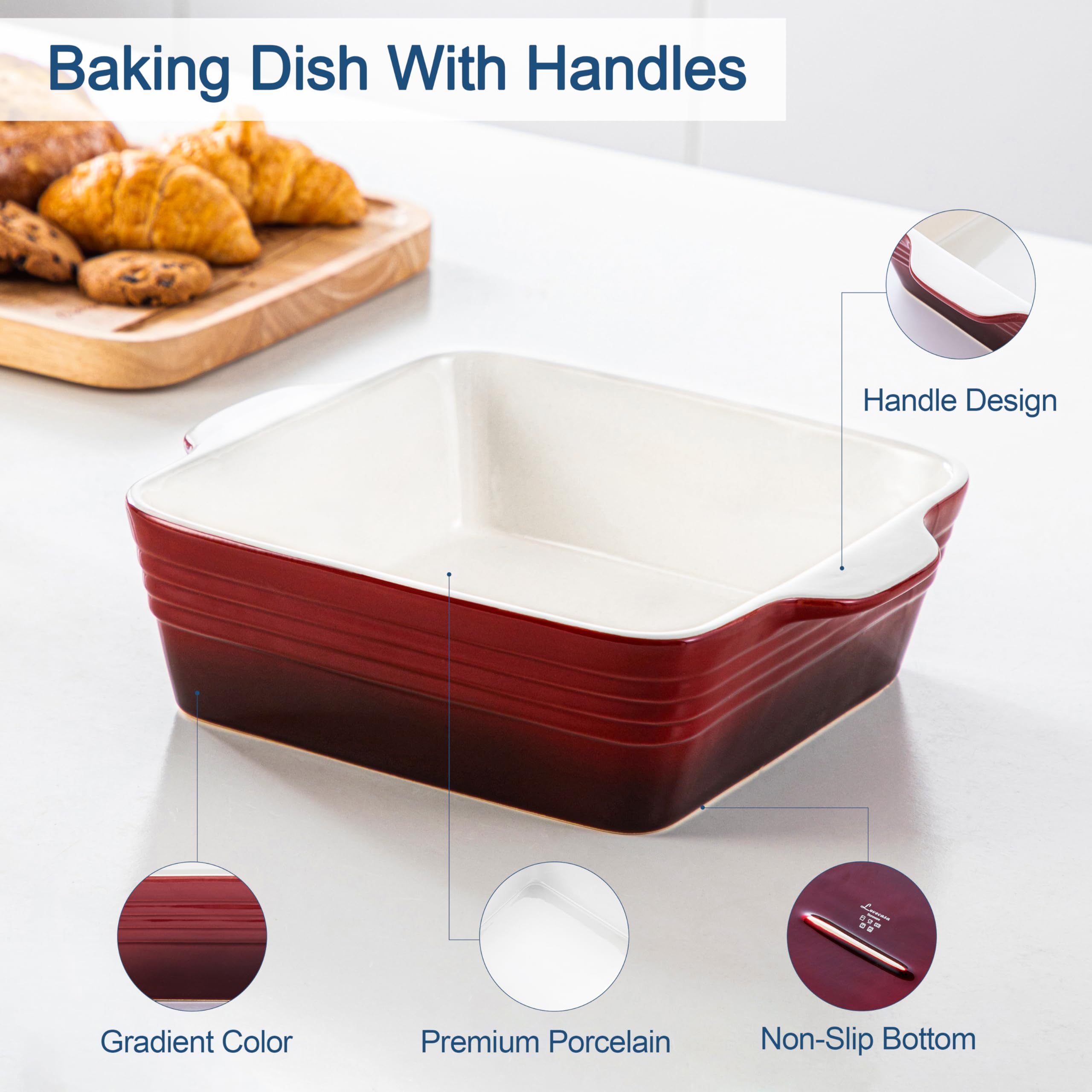 LOVECASA – Moule à gâteau carré de 2,4 x 2,4 m, plat de cuisson pour four, moule à brownie en grès anti-adhésif – Moule à pain en céramique pour la cuisson – Rouge