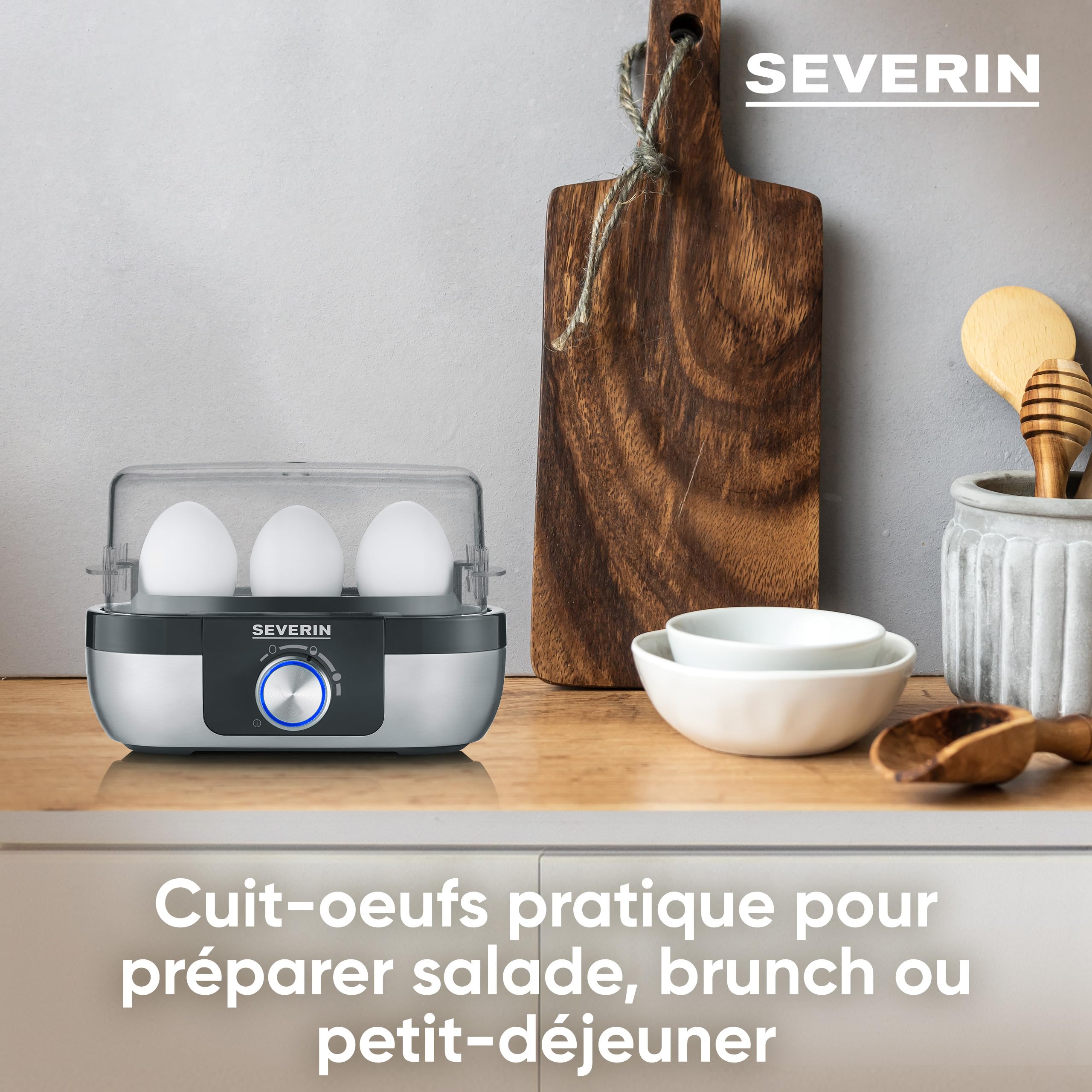 SEVERIN Cuiseur à œufs 270 W, Appareil de cuisson pour 1 à 3 œufs, Doseur d'Eau et Perce-Œufs Inclus, Cuit-œufs avec contrôle électronique du temps de cuisson, Inox, EK 3163
