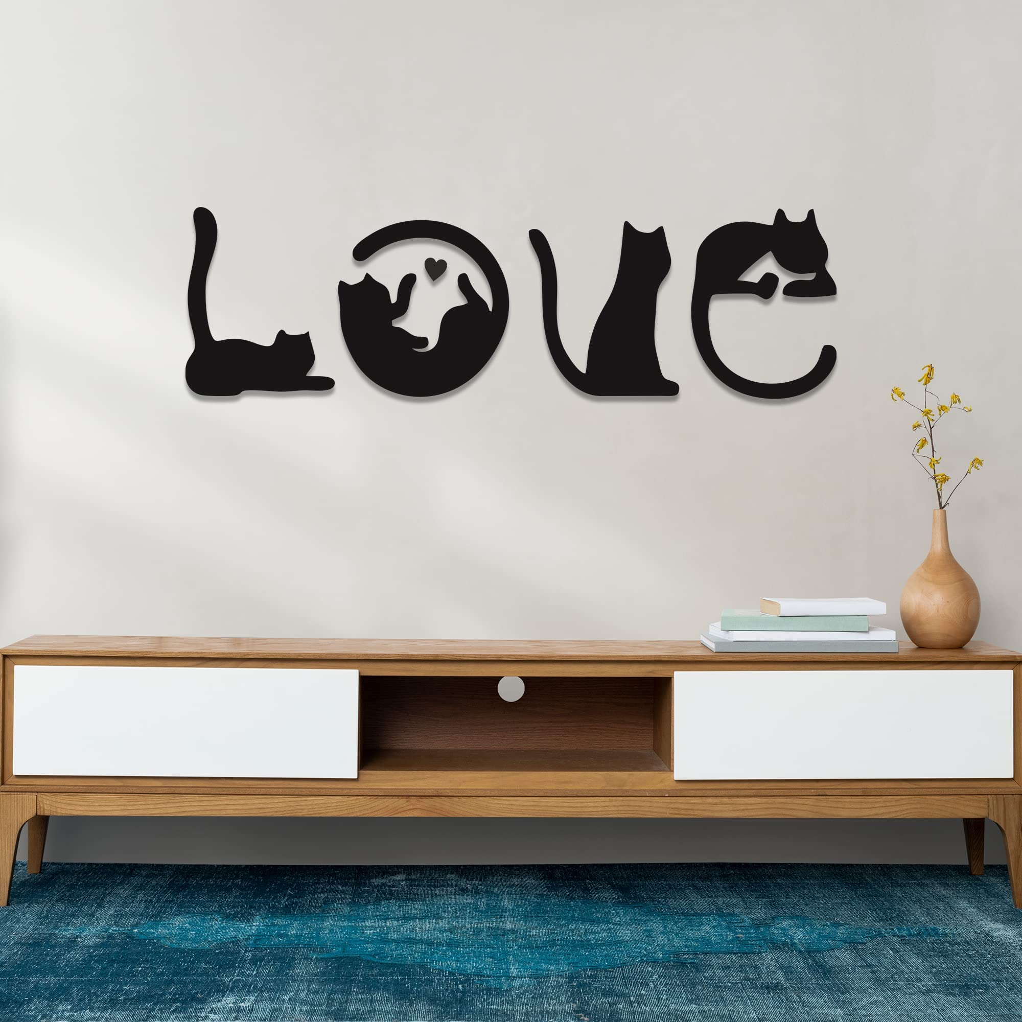 4 piezas de decoración de pared de gato negro, arte de pared con temática de amor para sala de estar, dormitorio, cocina, decoración de pared de madera para amantes de los gatos 4