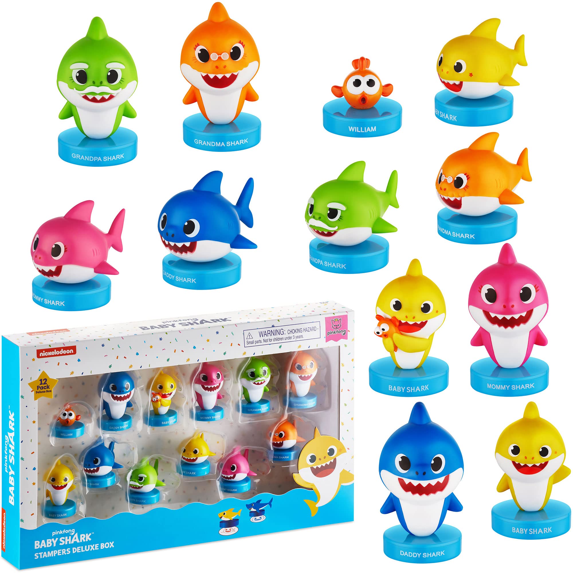 Baby Shark Stampers, 12 Pack – Self-Inking Baby Shark Toys, Action Figures, Party Decor, Cake Toppers – Parent, Baby, Grandparent Sharks and William by PMI, 2.4 in., Soft PVC