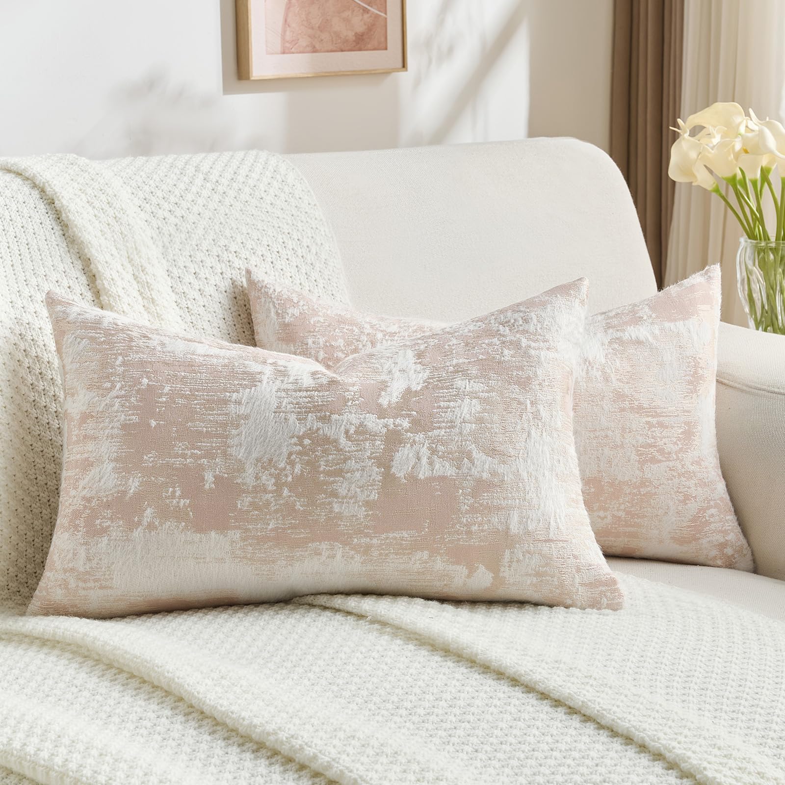 FUTEI Set of 2 Faux Cashmere Jacquard 30x50 cm Cushion Covers Soft Marble Pattern Scatter Pillowcase 30 x 50 cm Farmhouse Accent for Sofa Bedroom Living Room, Pink White