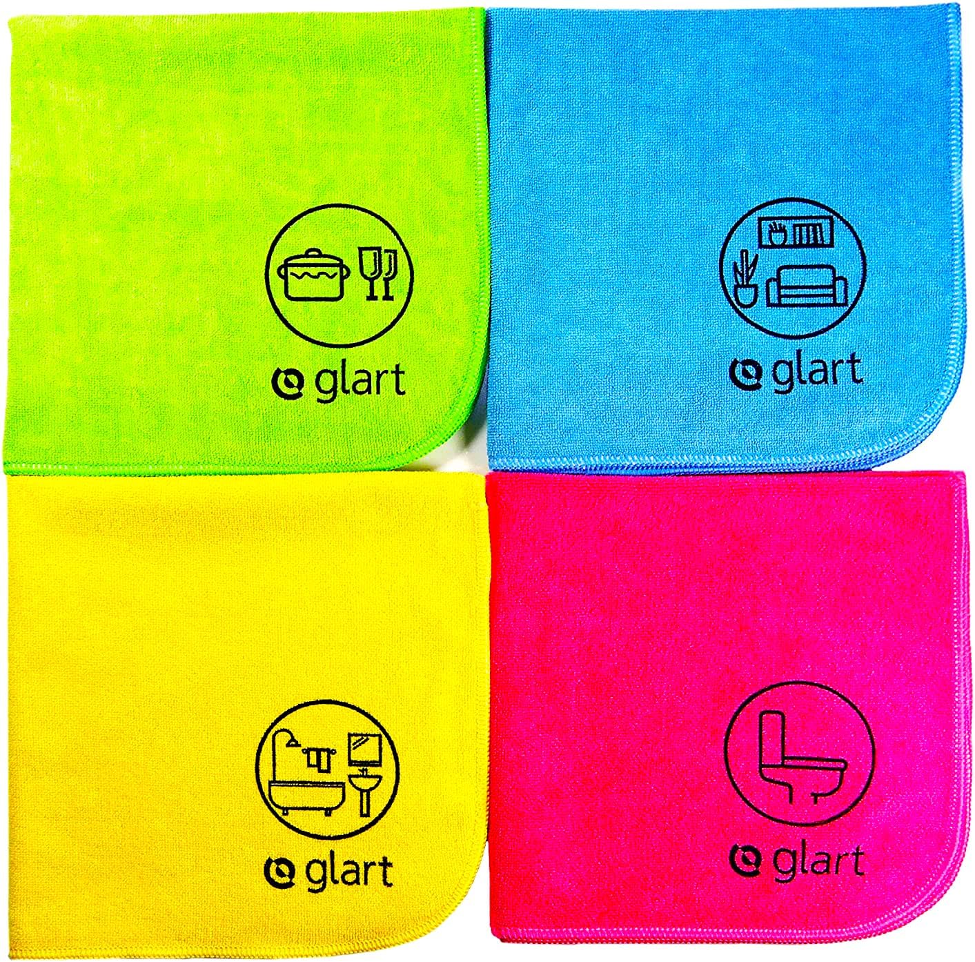Glart 4-piece microfibre cloths 40 x 40 cm all-purpose cloths home kitchen toilet bathroom house garden office, Green/Blue/Yellow/Pink