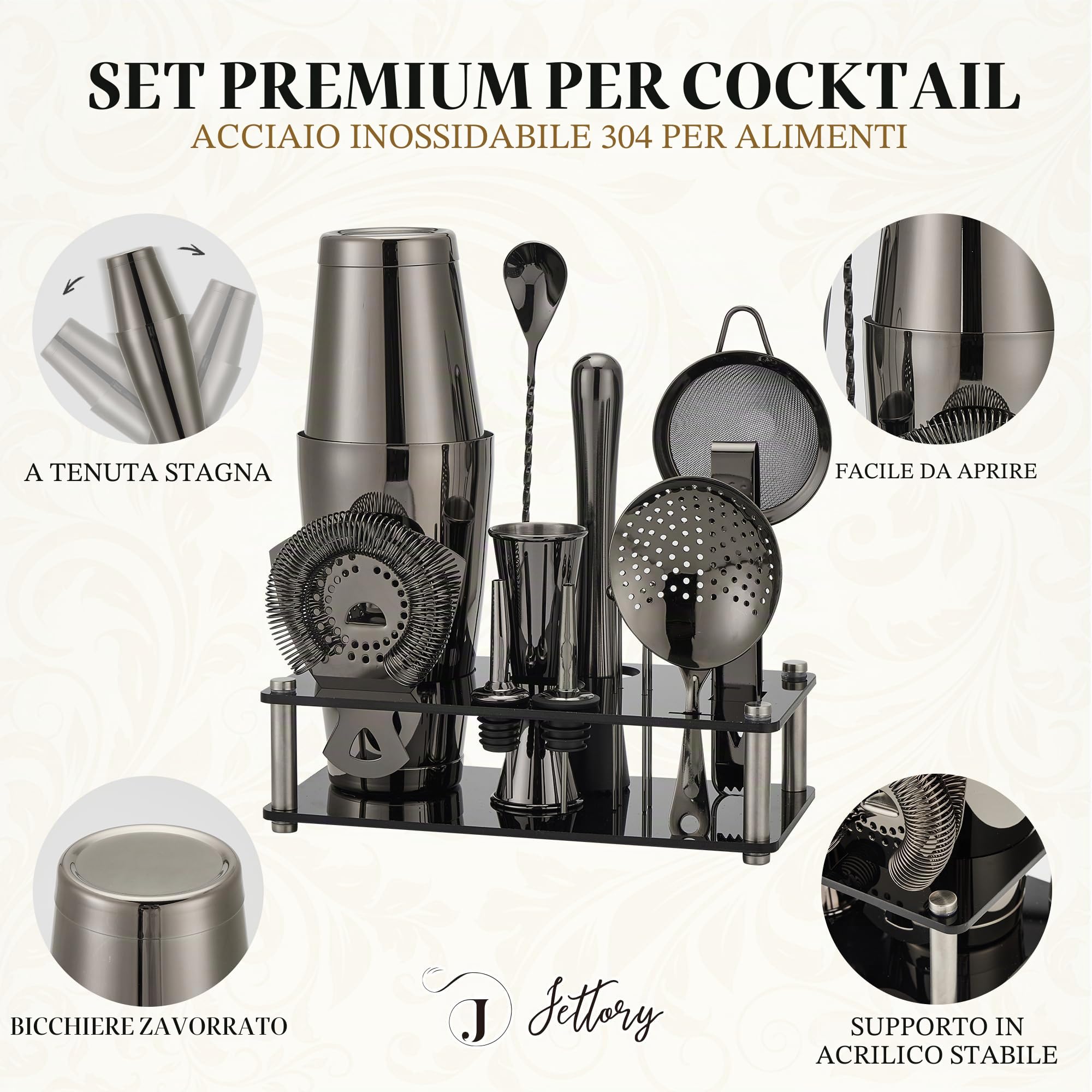 Boston Shaker Set – Set da Cocktail da 16 Pezzi in Acciaio Inossidabile 304 con Base in Acrilico, Colino, Pinza Ghiaccio, Cucchiaio da Bar, Misurino, Pestello, Versatori e Cocktail Picks
