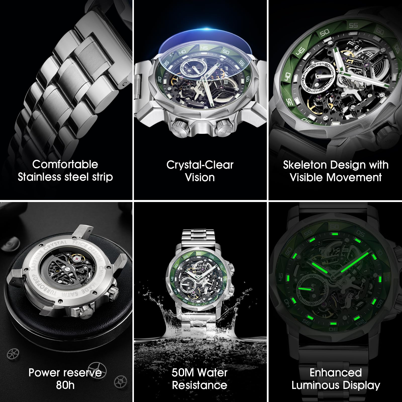 FEICE FM511 YLVG Orologio da uomo automatico scheletrato, quadrante blu in vetro zaffiro, lancette luminose, impermeabile fino a 5 atm, orologio sportivo con cinturino in acciaio inossidabile