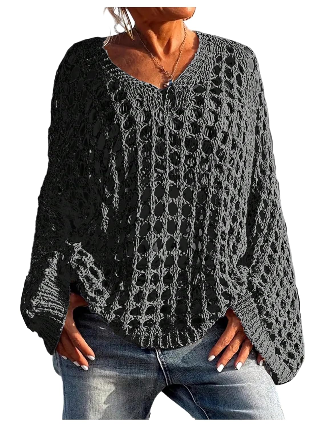 SHENHE Womens Plus Size Crochet Sweater Oversized Hollow Out Long Sleeve Coverup Pullover