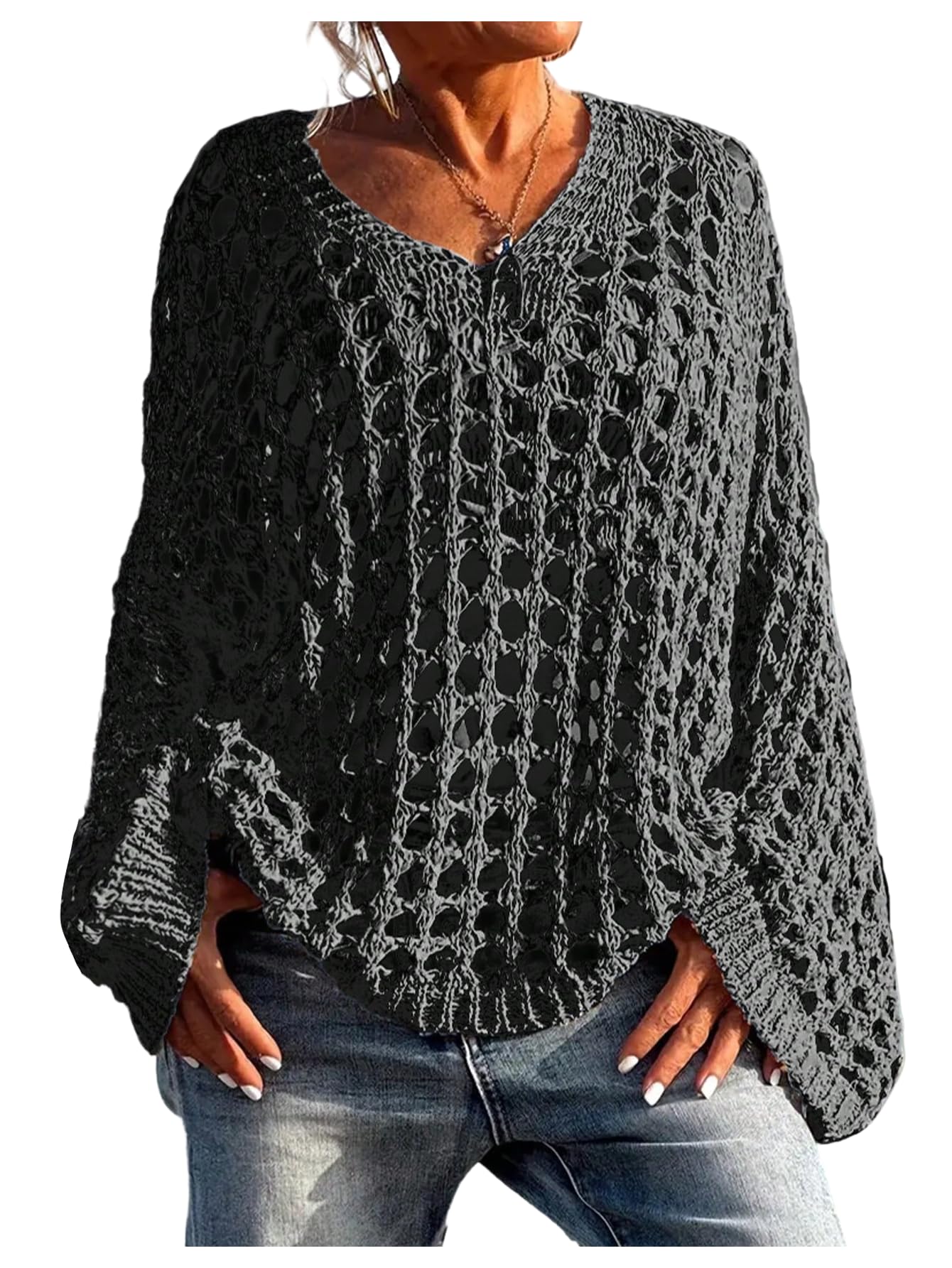 SHENHE Womens Plus Size Crochet Sweater Oversized Hollow Out Long Sleeve Coverup Pullover