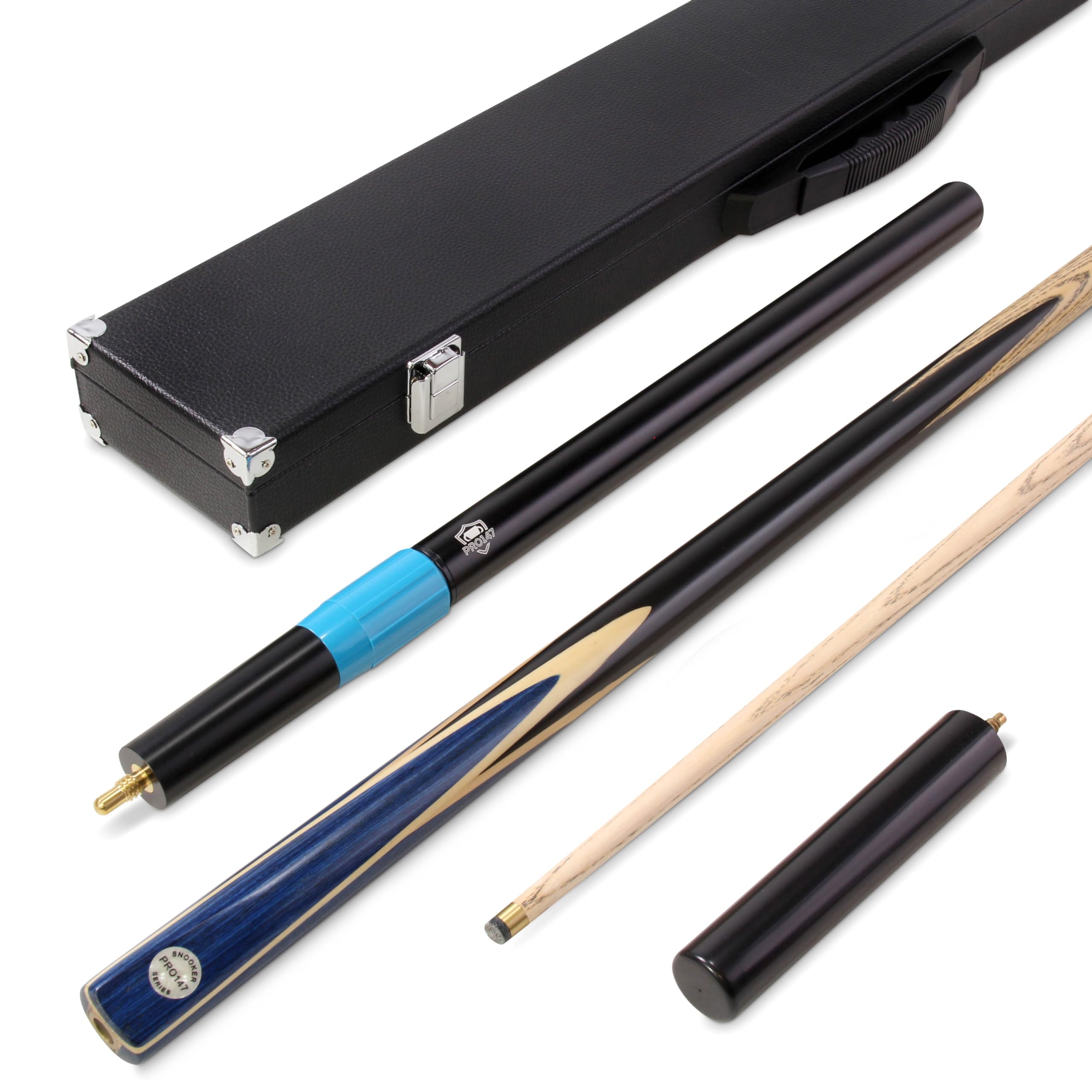 PRO147 WINDSER 57 Inch 2 Piece Centre Joint Ash Snooker Pool Cue with 9.5mm Tip (Blue + Case + Extensions)