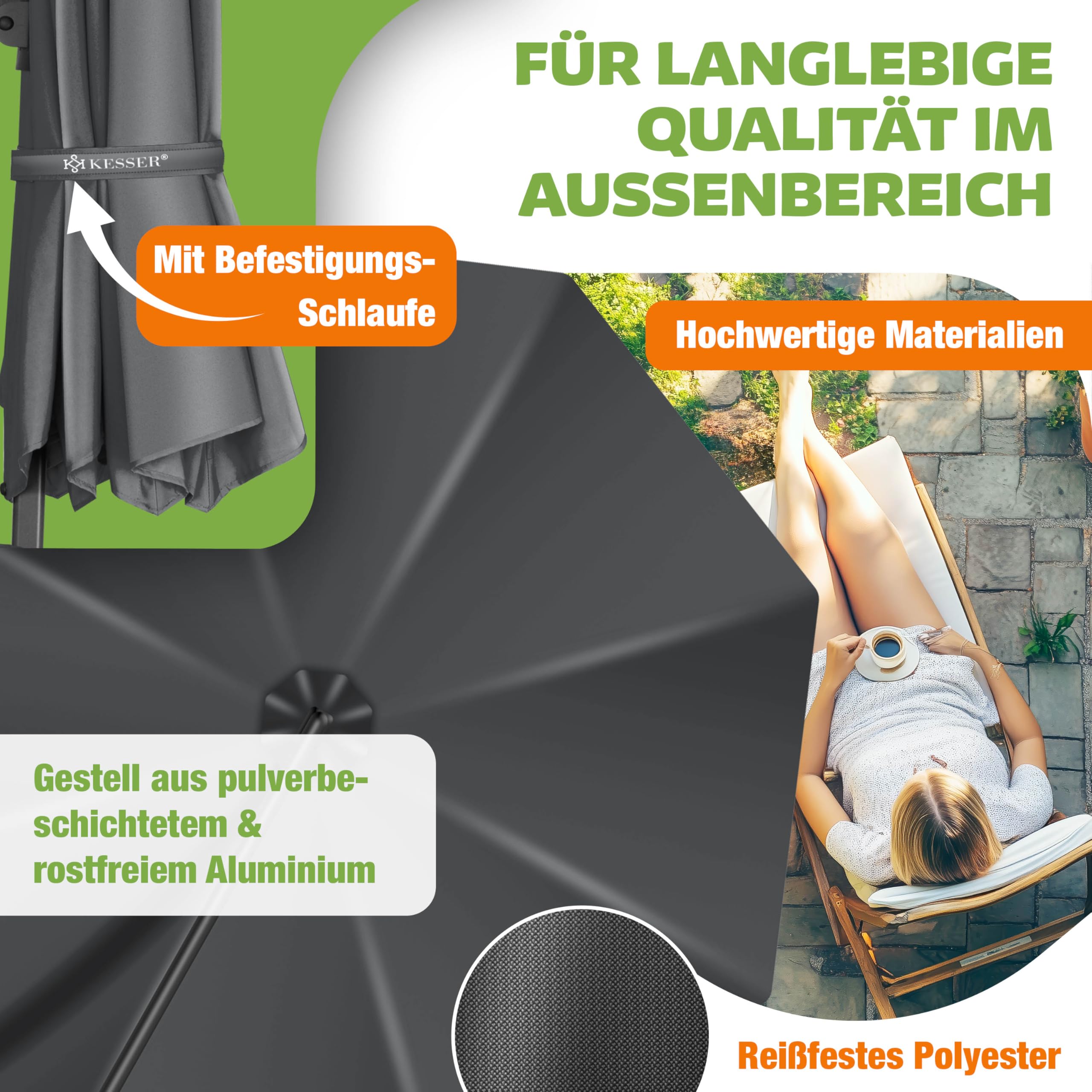KESSER® Sonnenschirm Ampelschirm SUN Rund XL Ø330 cm Inkl. Abdeckung, 7-Fach Verstellbar Drehbar Neigbar Kippbar Groß 360° Drehbar Gartenschirm mit Kurbel Sonnenschutz UV50+ Anthrazit