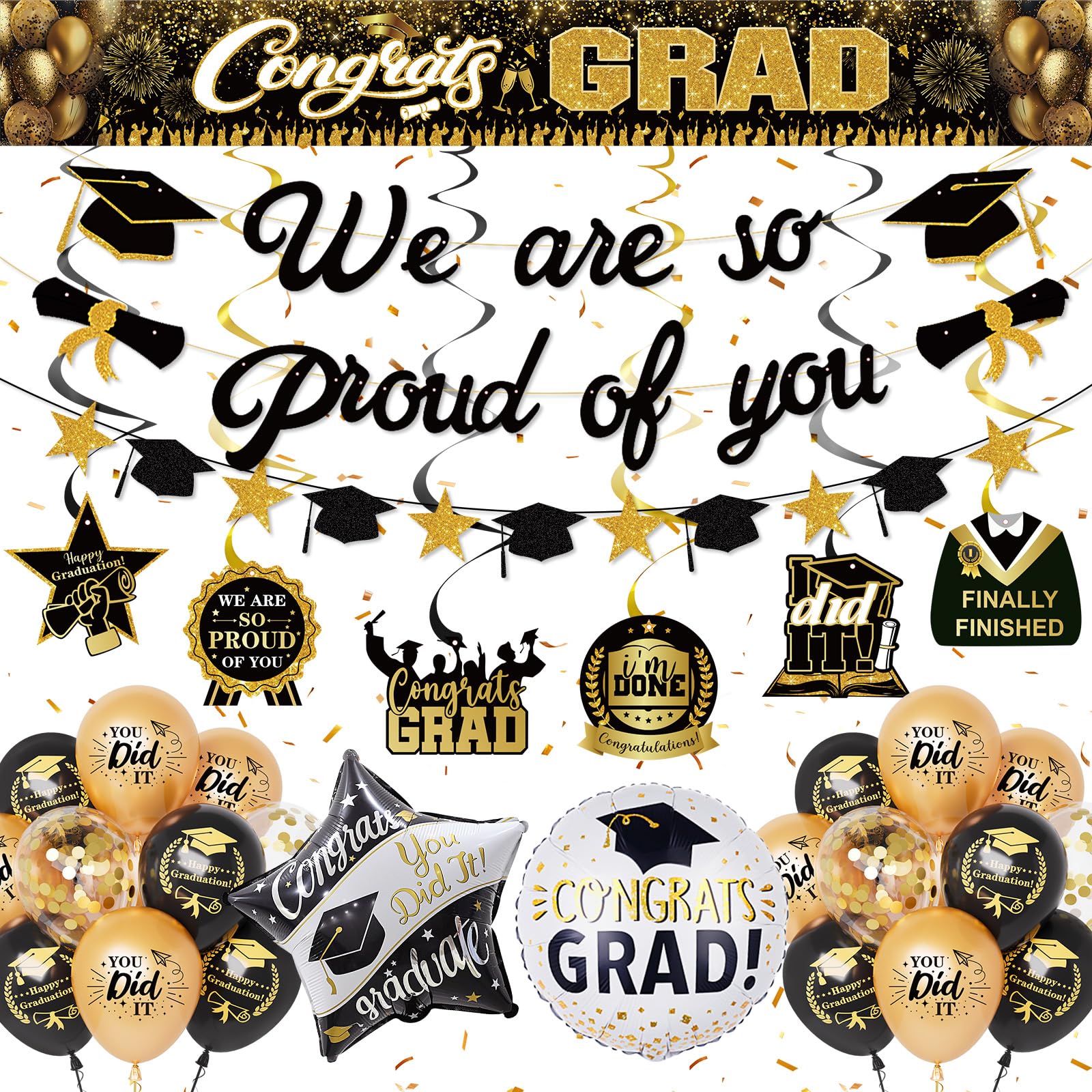 Graduation Decorations Class of 2026, Black Gold Party Decorations with Glitter Banner, Balloons, Hanging Swirls, Foil Balloons, College High School 2026 Graduation Congrats Grad Party Deco Supplies