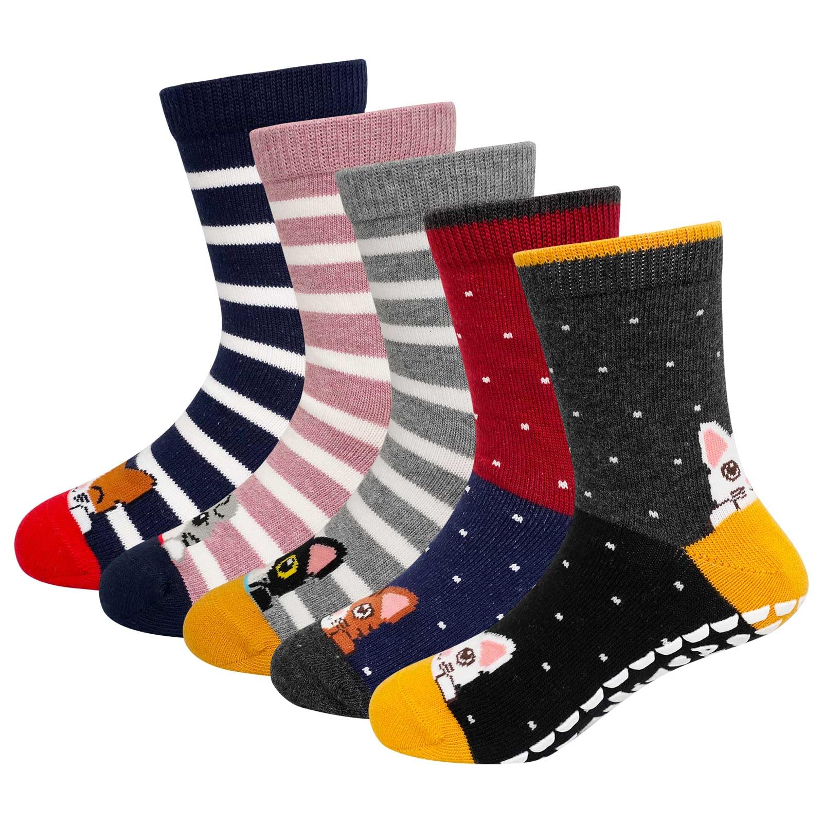 ZFSOCK Calze Antiscivolo Bambino Calzini: Bambina Divertenti Fantasia Colorati Bambini Cotone Calze Corti a Strisce Righe Cartoni Animati Animale Compleanno Natale Idee Regalo 5 Paia