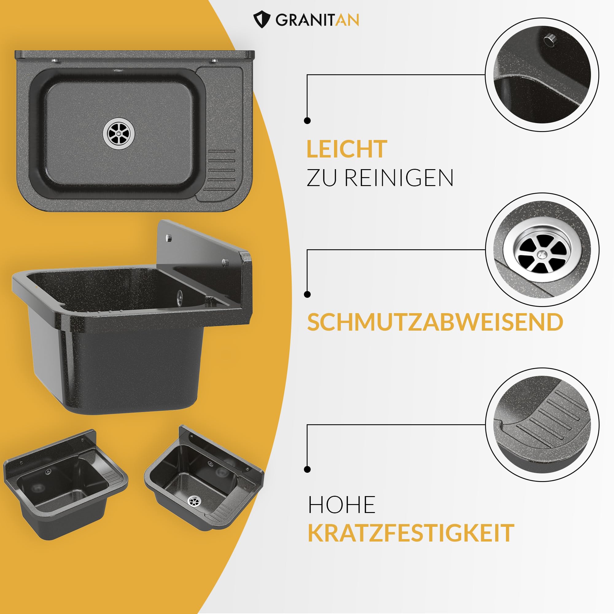 Granitan Ausgussbecken für Garage Keller Werkstatt und Waschküche - Universal Waschtrog Set mit Siphon - Waschbecken mit Abtropfschale Wandmontage aus Polypropylen - 50x34x31 cm - Grau - Figo