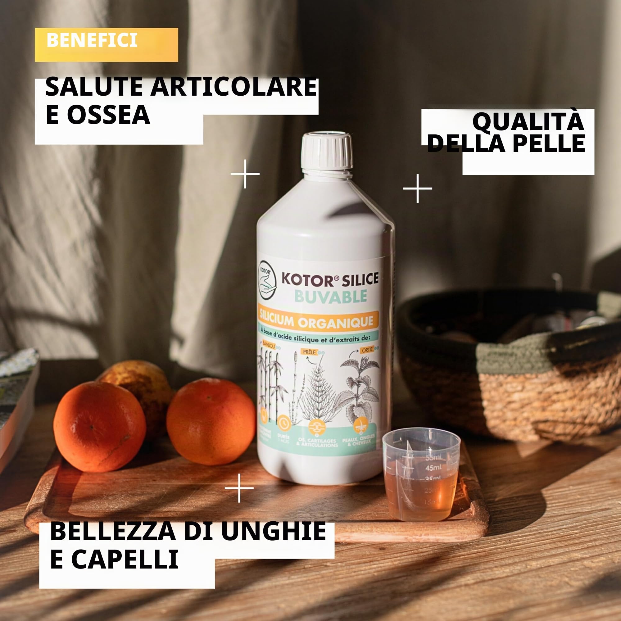KOTOR SILICE BUVABLE 1L | Silicium Organique Francais & Naturel | Fortement Dosé | Santé des Articulations, Cartilages, Os, Peau, Cheveux, Ongles | Silicium + Ortie + Prêle + Bambou | 1 mois