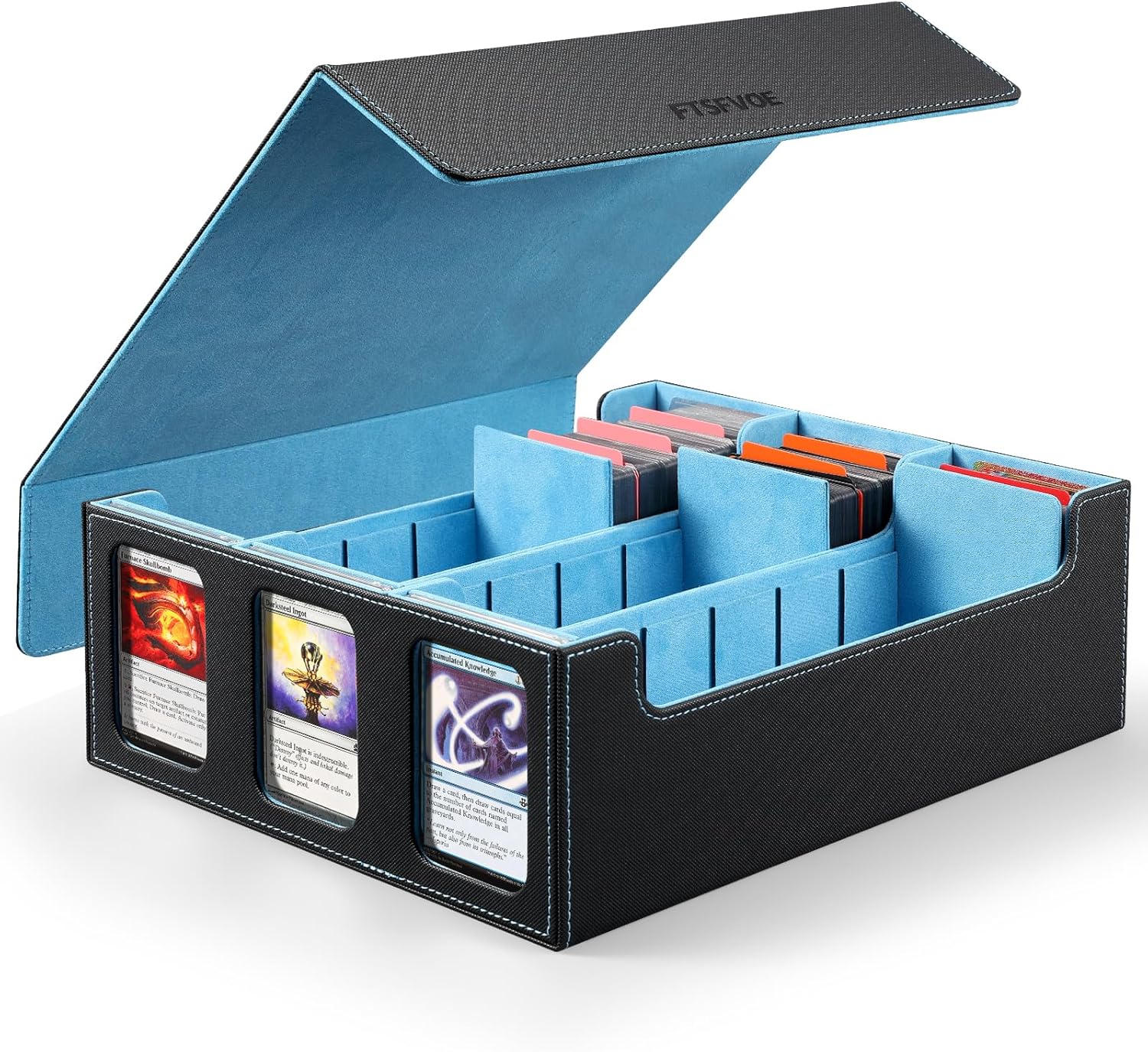 Trading Card Storage Box for Commander - 2400+ Card Deck Box with Removable Cover, 24 Colorful Divider Tabs, Card Storage Box with Viewing Windows Fits for Magic Game (Black&Wathet) Black&Wathet 2400+