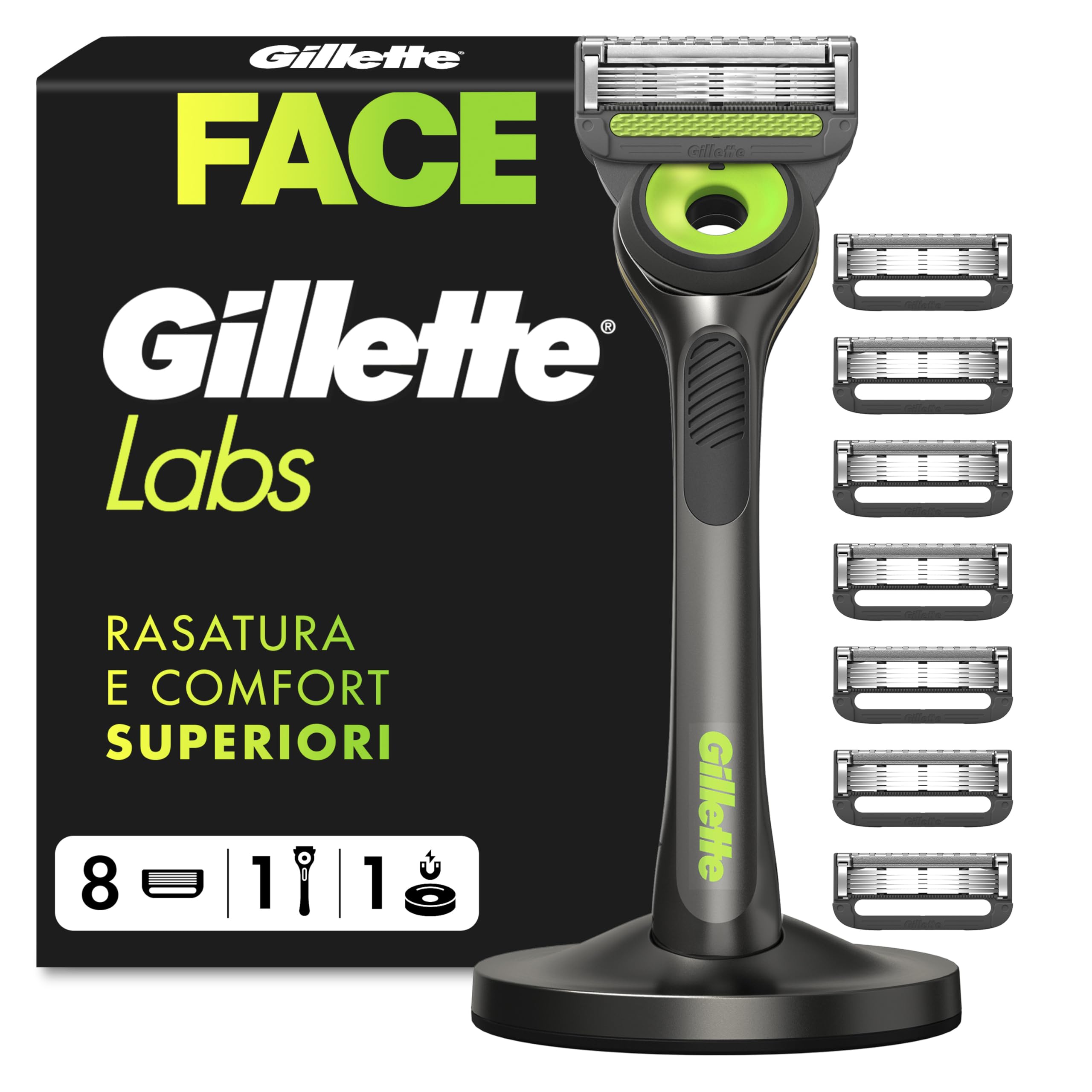 Gillette Labs Rasoio Per Uomo Con Barra Esfoliante, Edizione Neon Night, Manico Riutilizzabile E 8 Cartucce Di Ricarica GilletteLabs Ha 5 Migliori Lame Di Marca, Rasatura Del Viso Confortevole