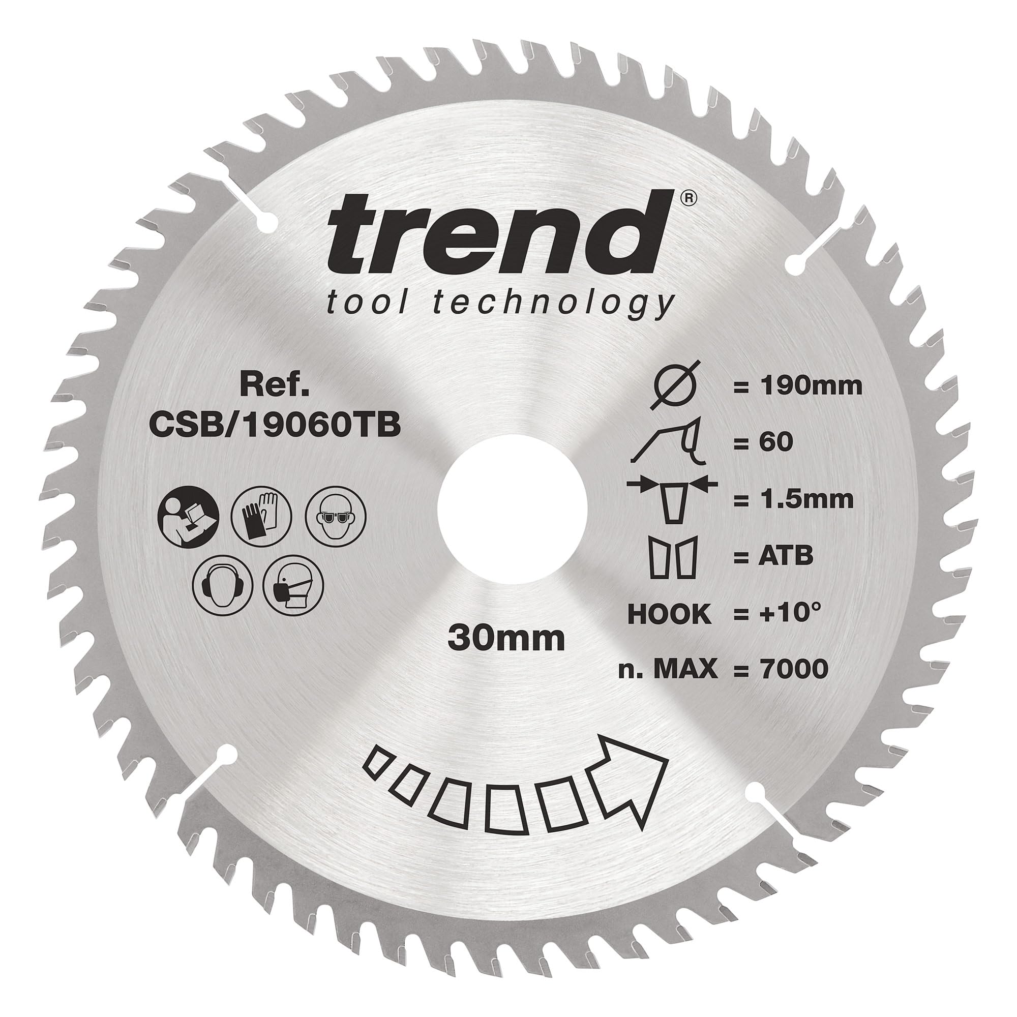 Trend Wood Cordless Circular Saw Blade, 190mm Diameter, 30mm Bore, 60 Teeth, 1.5mm Kerf, +10° Hook, TCT, Extra-Fine Finish, CSB/19060TB
