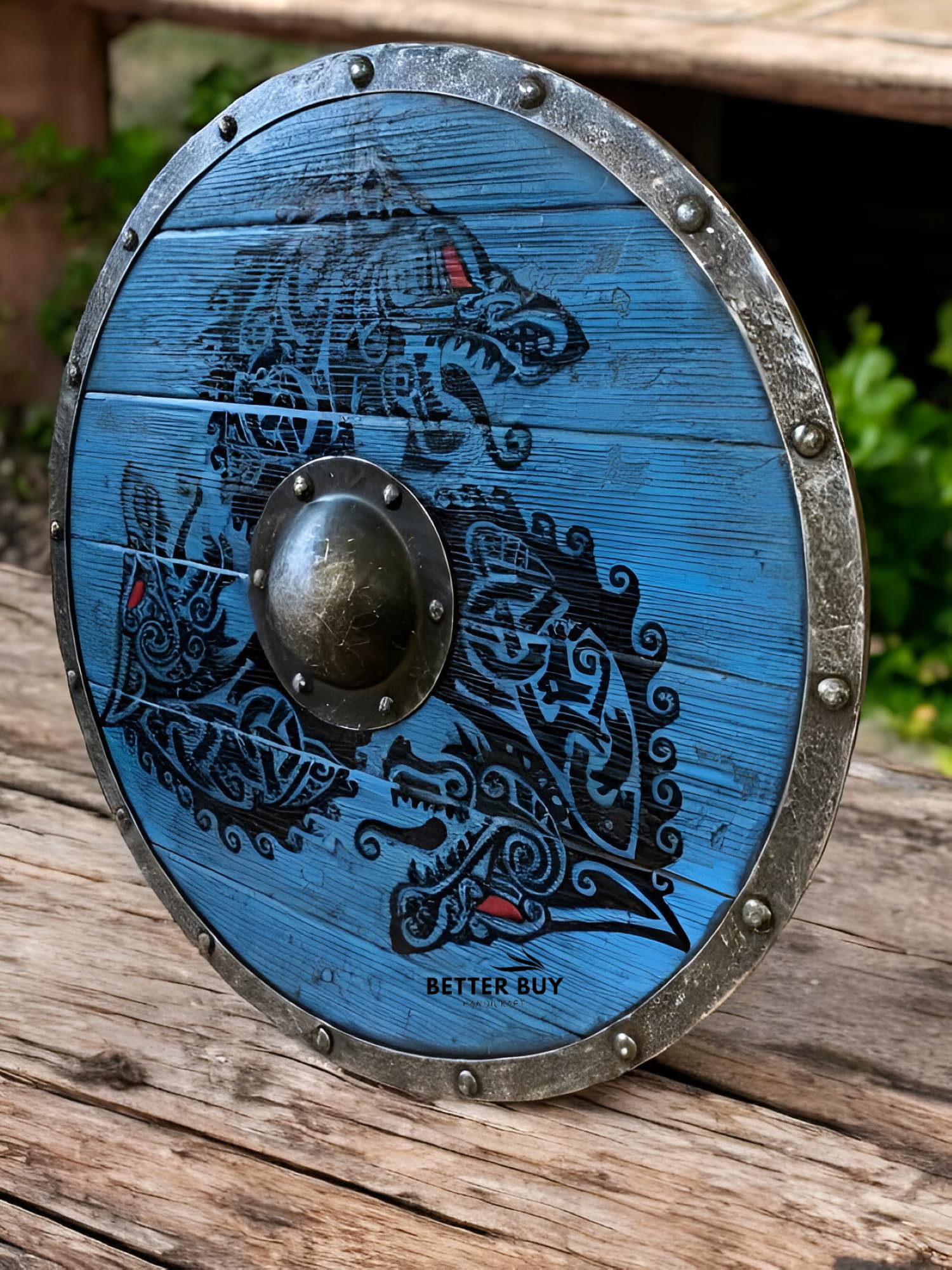 Ouroboros Battleworn drewniana żelazna tarcza wikingów z motywem smoka – idealna do odgrywania ról, cosplay, Halloween i dekoracji domu. 61 cm dla męża, taty lub chłopaka