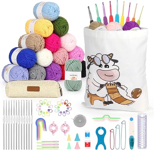 Aeeque Kit de ganchillo para adultos principiantes, kits de ganchillo con 16 hilos, juego de 87 ganchos de ganchillo incluye ganchos de ganchillo de