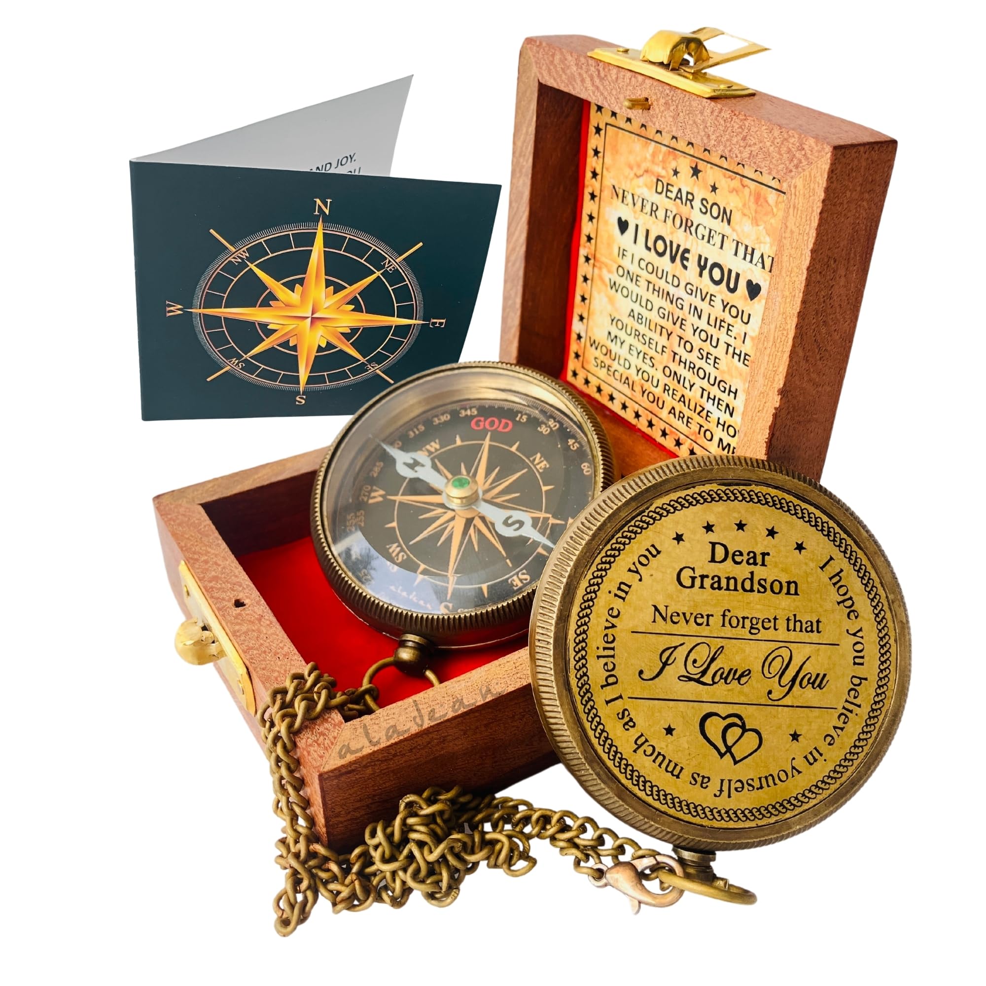 Brass Compass Engraved Quote | Memory Present for My Grandson's Birthday, Baptism, Graduation, Confirmation - Love, Gift Idea by Grandpa Grandma โ image 1
