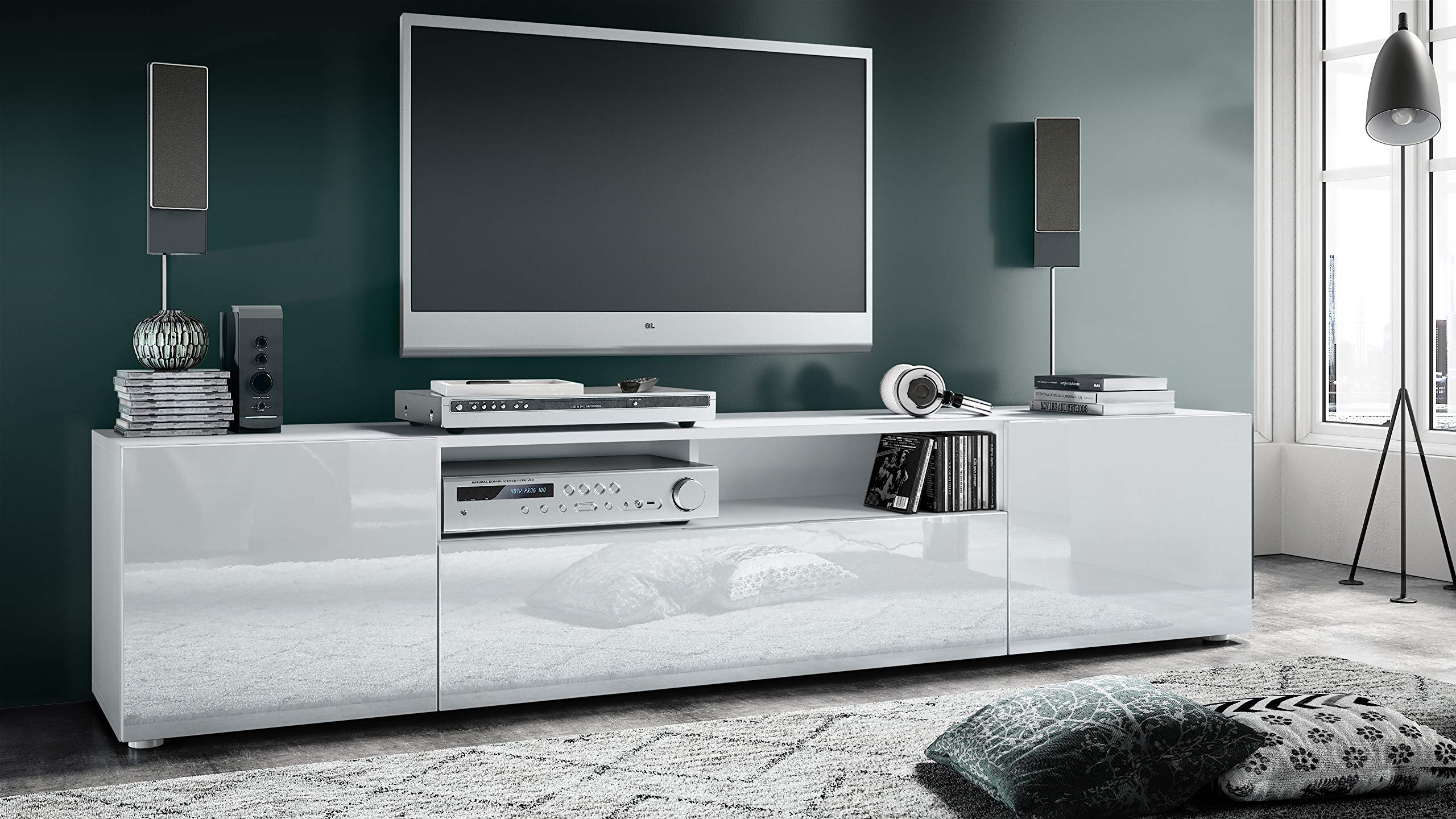Vladon Lowboard Mogan, TV-Kommode mit 2 Türen, 1 Klappe und 1 offenes Fach, Weiß matt/Weiß Hochglanz (181 x 39 x 35 cm)