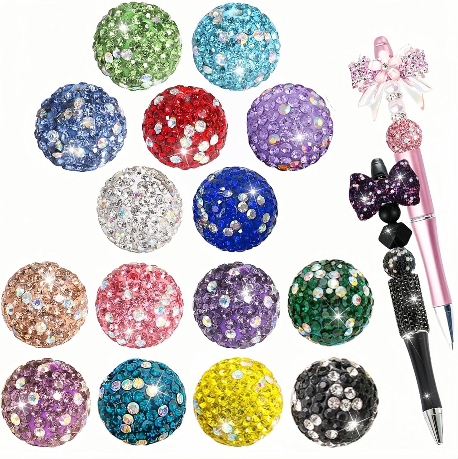 32mm Focal Beads for Pens 8Pcs Rhinestone Mouse Shaped Diamond Chunky Glitter Beads for Beaded Pens Bulk Jewelry Keychains Making