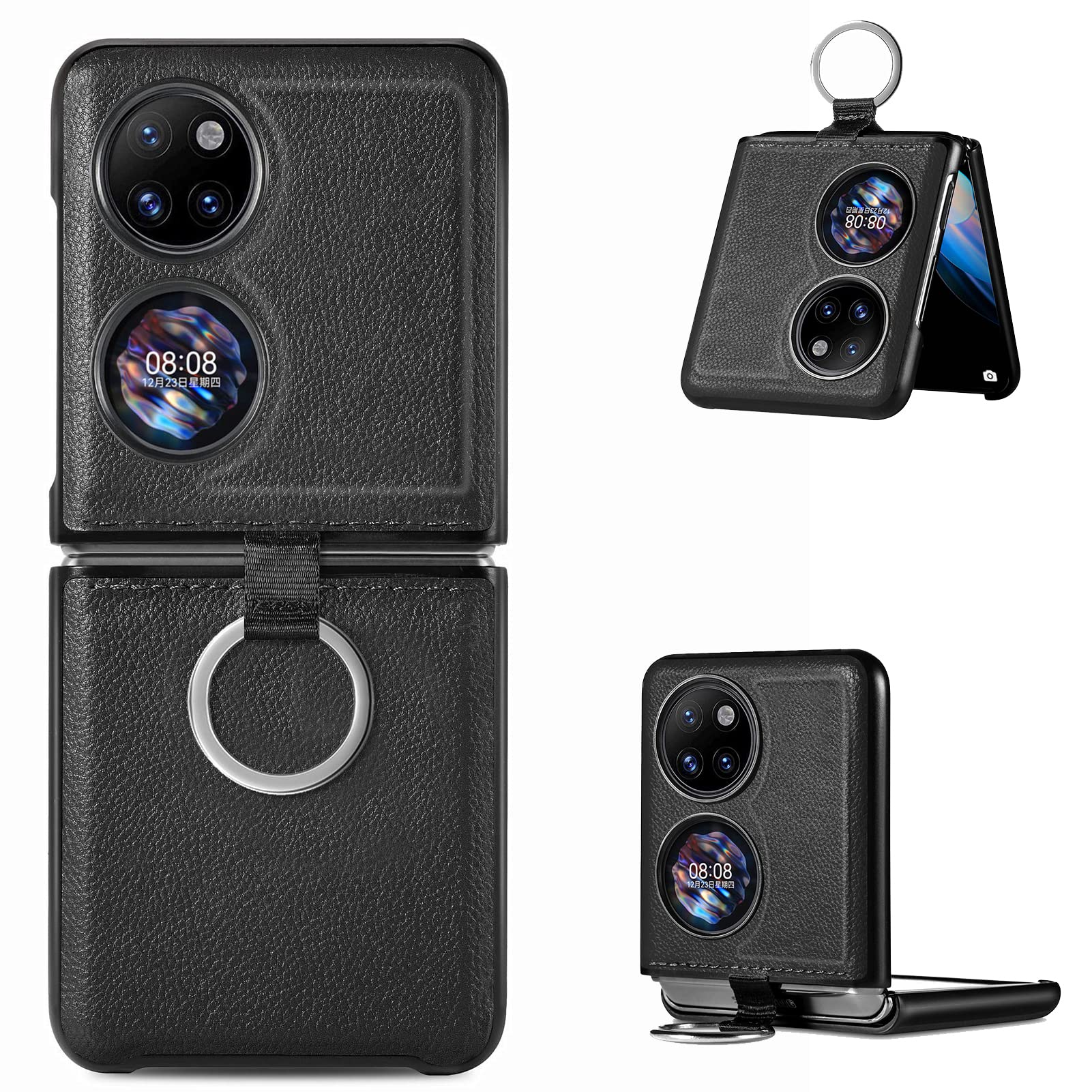 CCSmall Case for Huawei P50 Pocket with Ring Strap, PU Leather Protective Cover Shockproof Lightweight Smartphone Protector Flip Phone Case Cover for Huawei P50 Pocket ZH Black