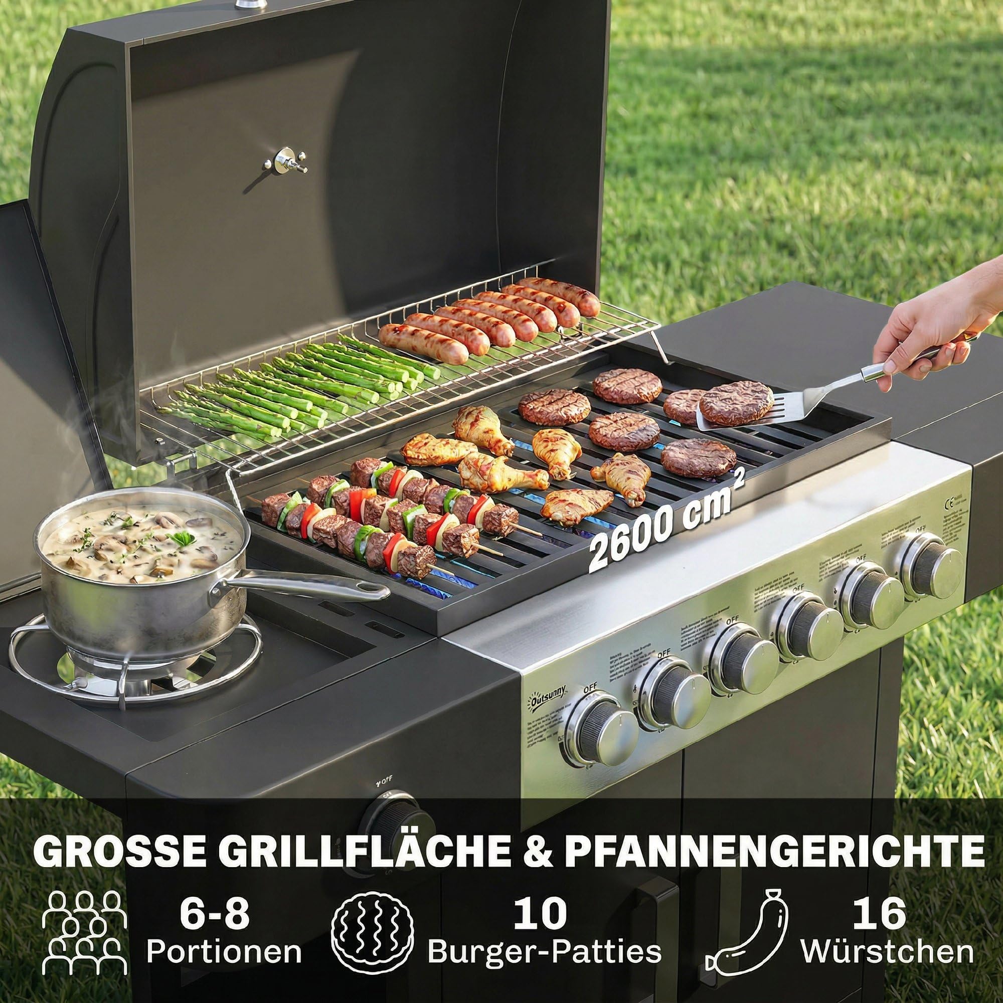 Outsunny Gasgrill 17,8 KW 6+1 Brenner BBQ Grillwagen aus Edelstahl inkl Rolle Seitenbrenner Thermometer Emaille-Grillrost Warmhalterost Seitentisch Unterschrank, Gas-Grill für Balkon BBQ Party